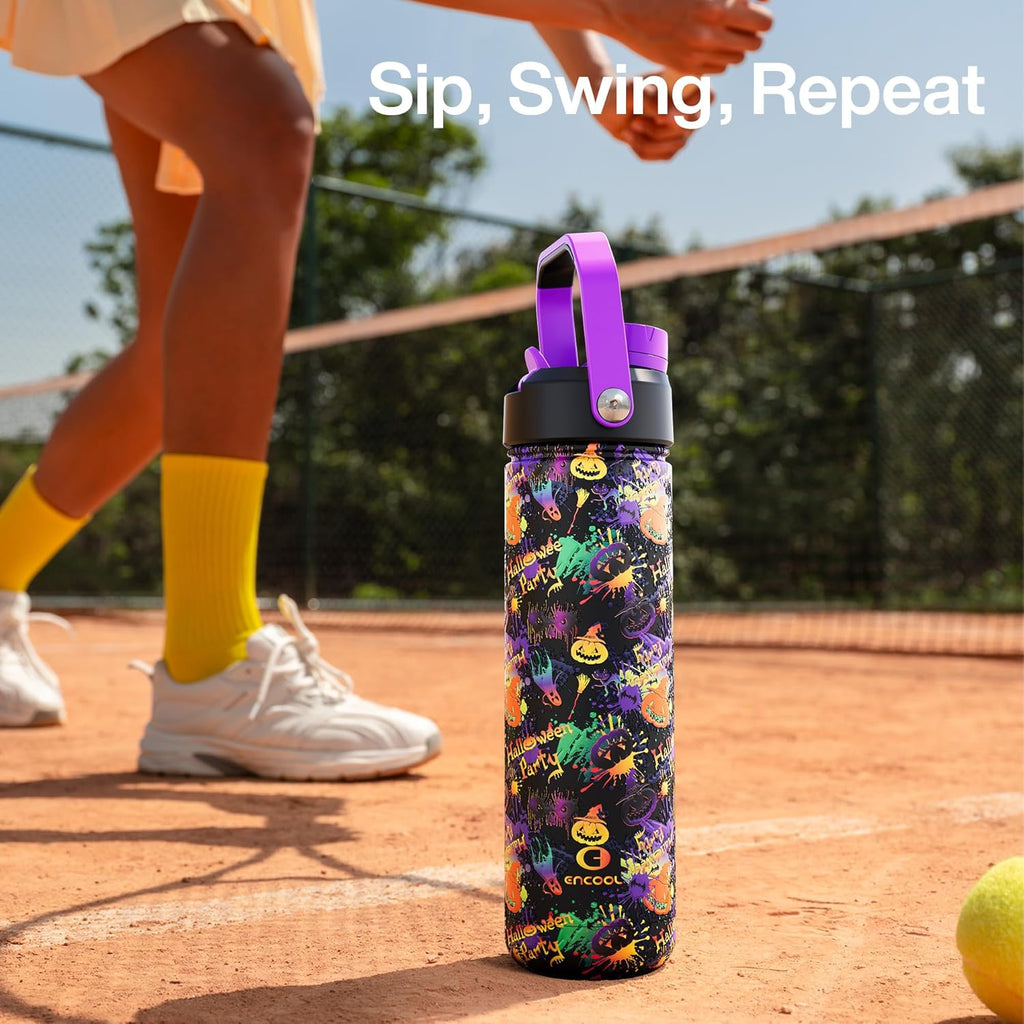 ENCOOL Insulated Water Bottle with Straw Stainless Steel Water Bottle, Leak-Proof, BPA-Free, Double Wall Vacuum Keeps Cold for 24 Hours for Sports, Travel, School (26 oz, Ghost Party)