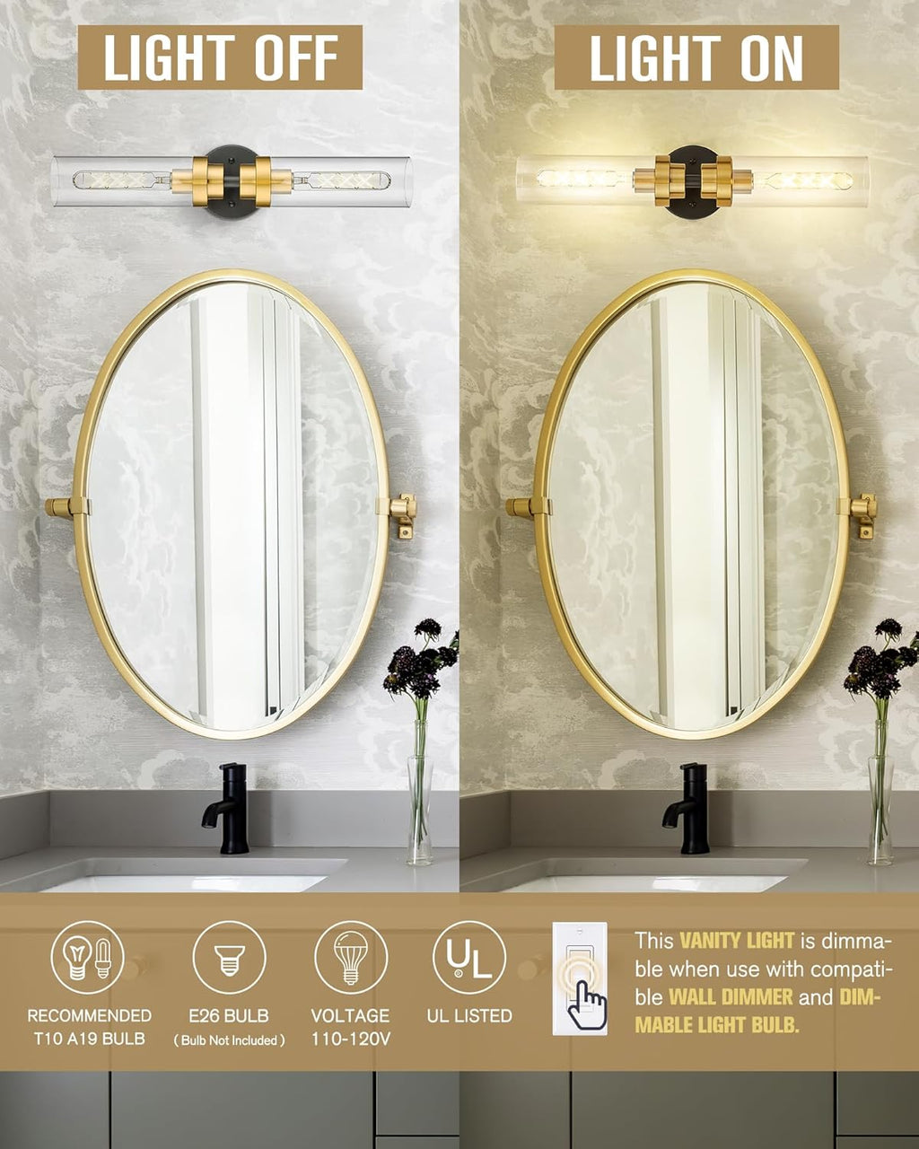 Emak Black and Gold Vanity Lights for Mirror, Modern 22 Inch Bathroom Light Fixtures with Clear Glass Shade, 2-Light Cylinder Wall Sconce for Bathroom, Bedroom, Hallway, VL085-BKBGD-2
