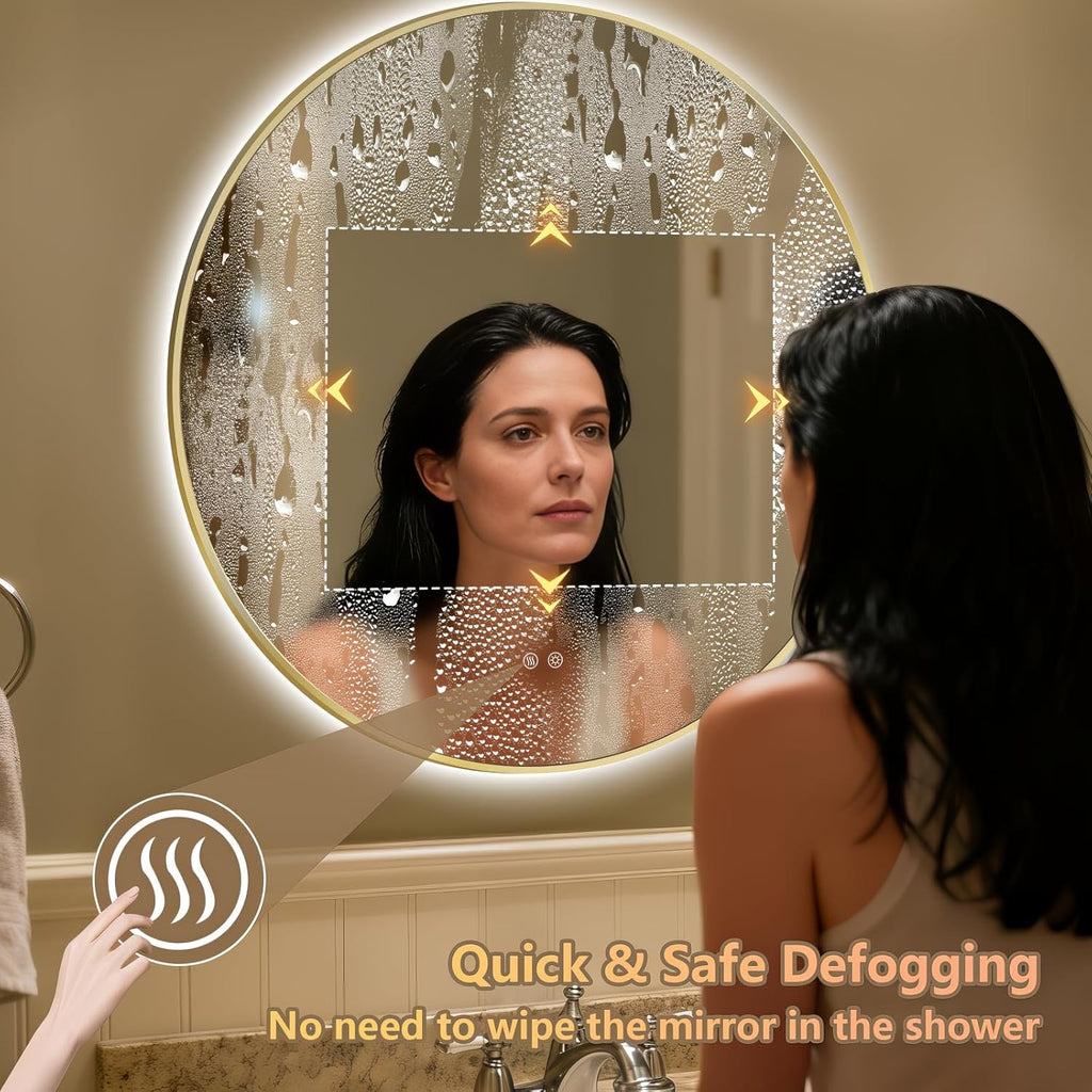 Niccy Round Led Mirror for Bathroom, 24" Backlit Mirrors for Wall Circle Lighted Mirror with Old Gold Frame Anti-Fog, 3 Colors, HD Glass and IP65 Waterproof