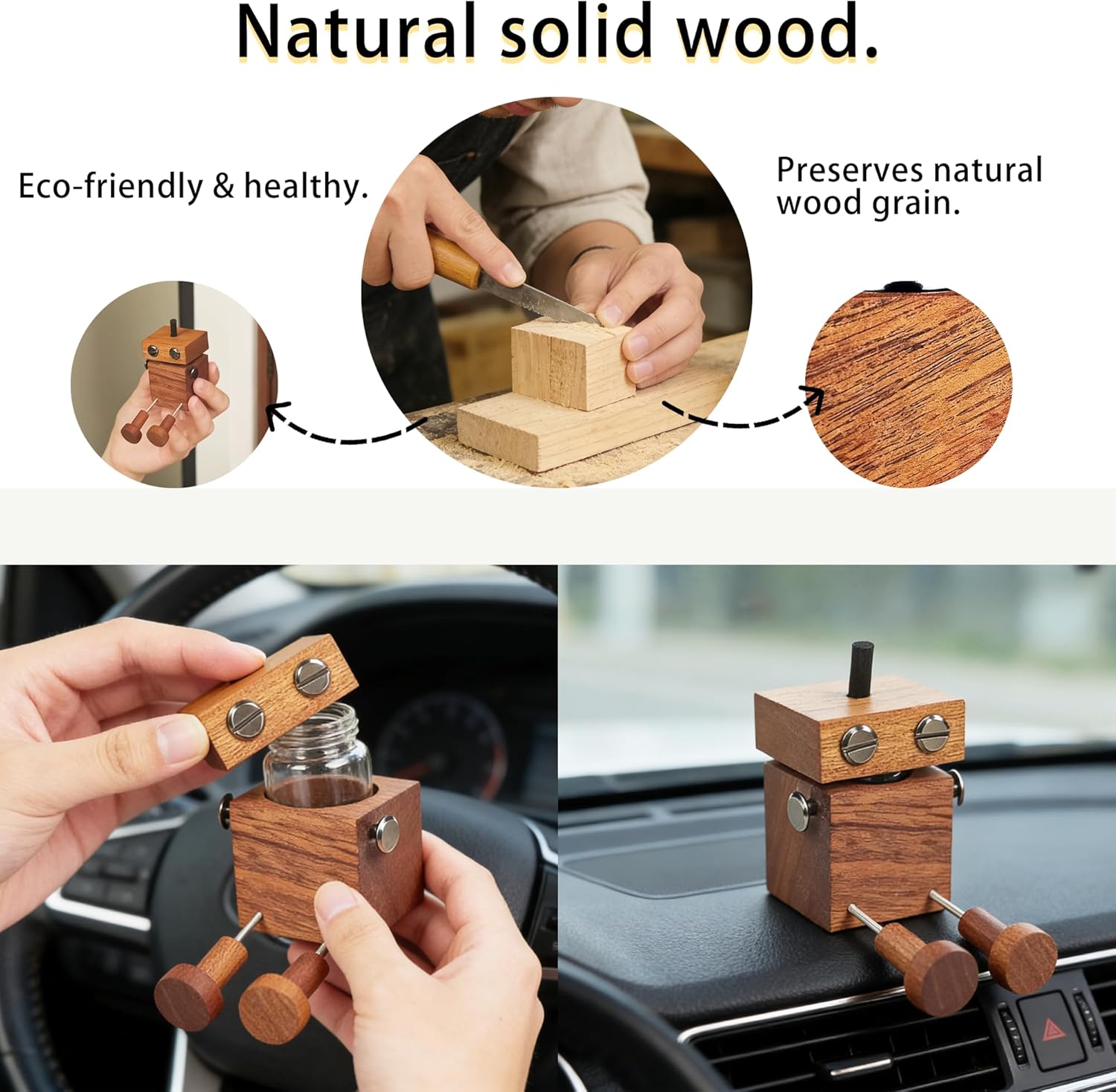 Scented Wooden Man Figurine - Magnetic Aroma Diffuser Doll for Car Vent & Dashboard, with Built-in Essential Oil Storage & Absorbent Stick, Funny Dancing Decor for Car and Desk, Brown