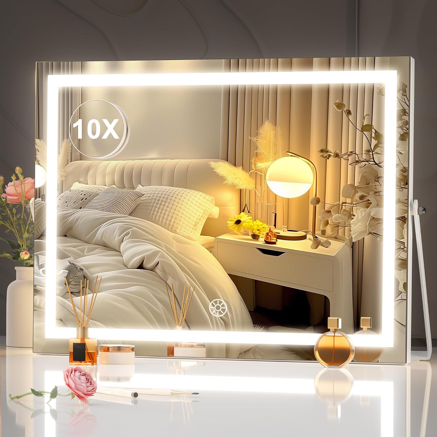 Hasipu Vanity Mirror with Lights, 17.7" x 13.8" LED Makeup Mirror with 10X Magnification, Smart Touch 3 Colors Dimmable, Brightness Adjustment, 360° Rotation, White