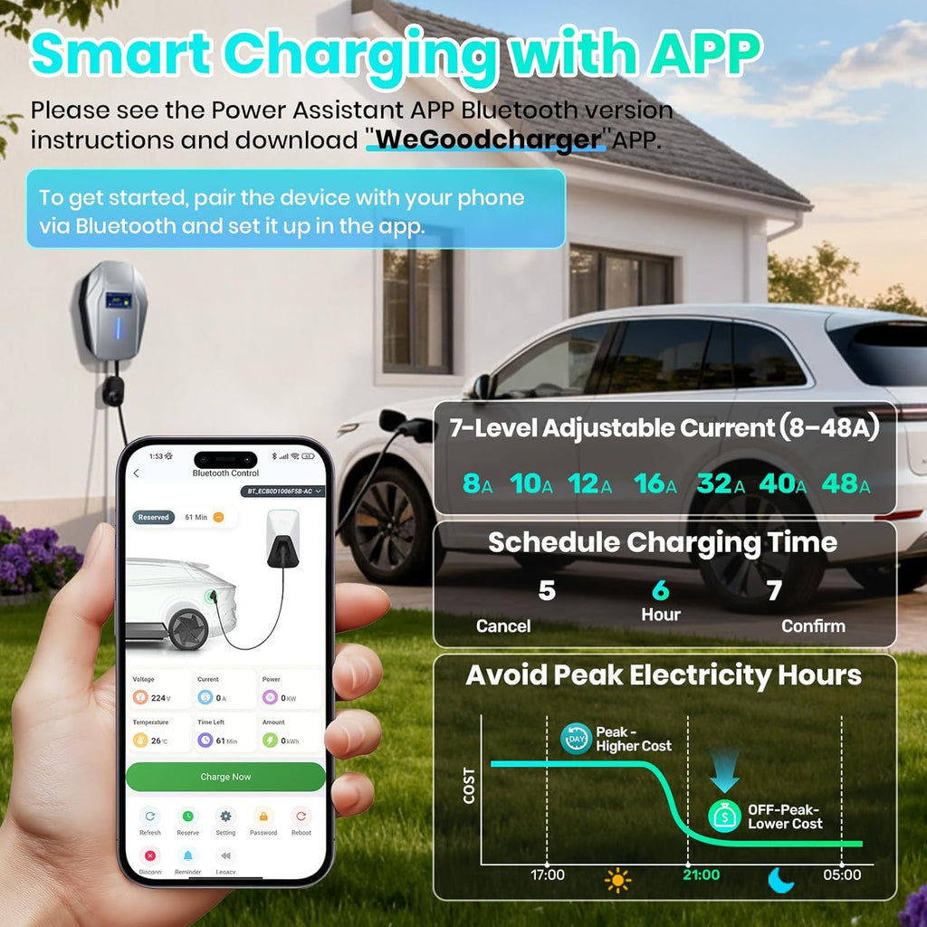 Level 2 EV Charger, 240V 48Amp EV Charger Level 2 for Home with Hardwire, J1772 Connector & Tesla Adapter, 11.5KW Electric Vehicle Charging Station with Smart APP, 26FT Cable, 4.3'' LCD Display