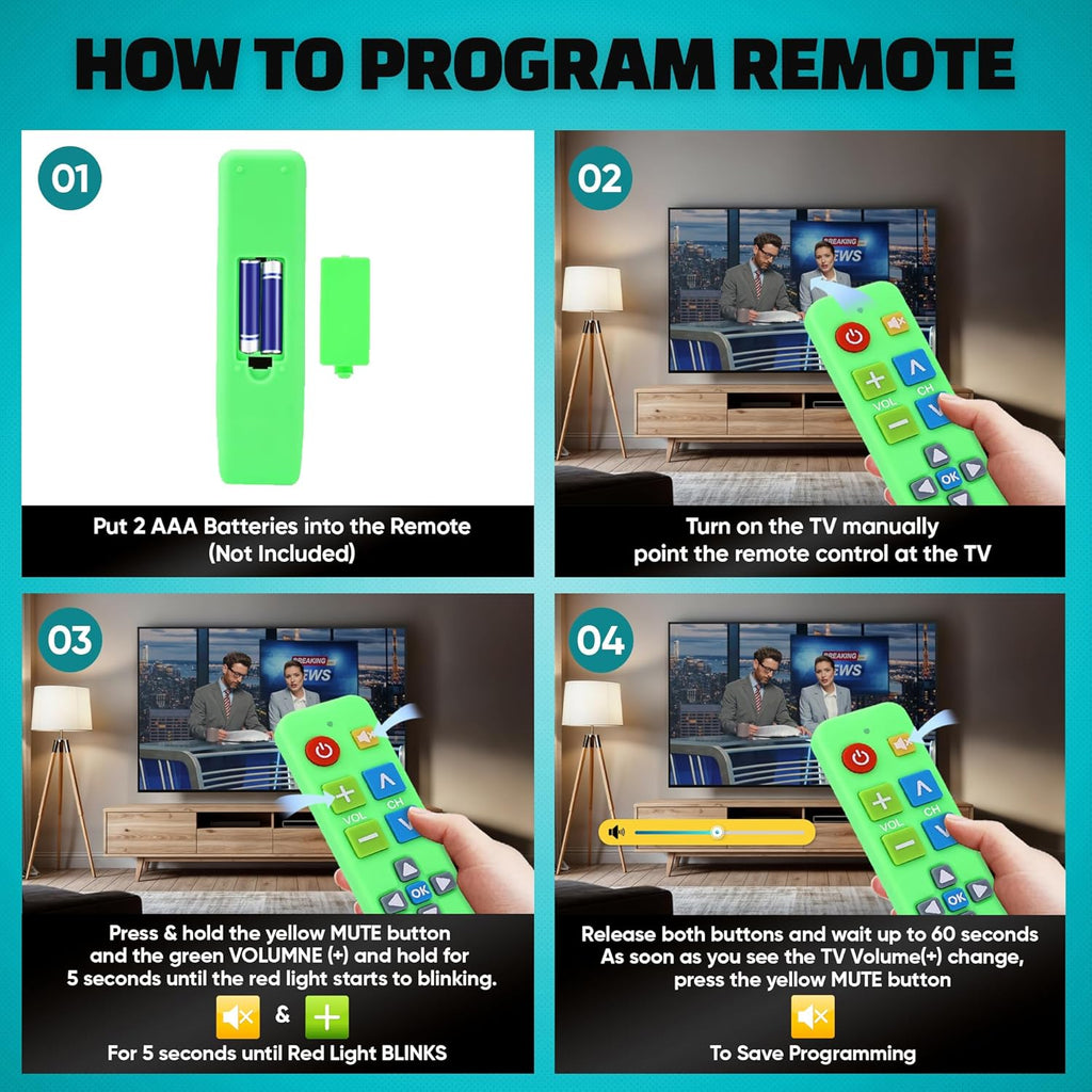 Plus Big Button Universal TV Remote (Green) Simple Easy to Use, Works with Major TV Brands (2xAAA Batteries Not Included)