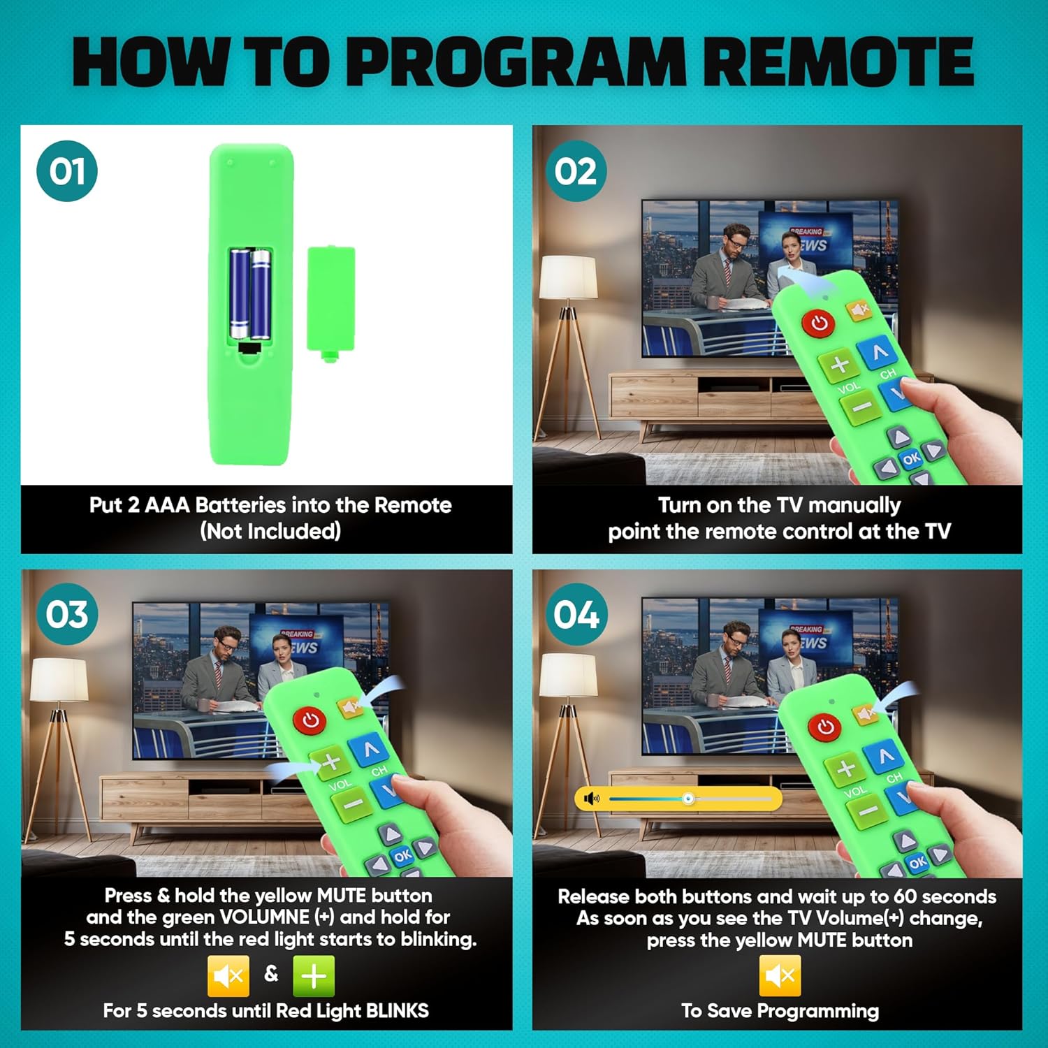 Plus Big Button Universal TV Remote (Green) Simple Easy to Use, Works with Major TV Brands (2xAAA Batteries Not Included)