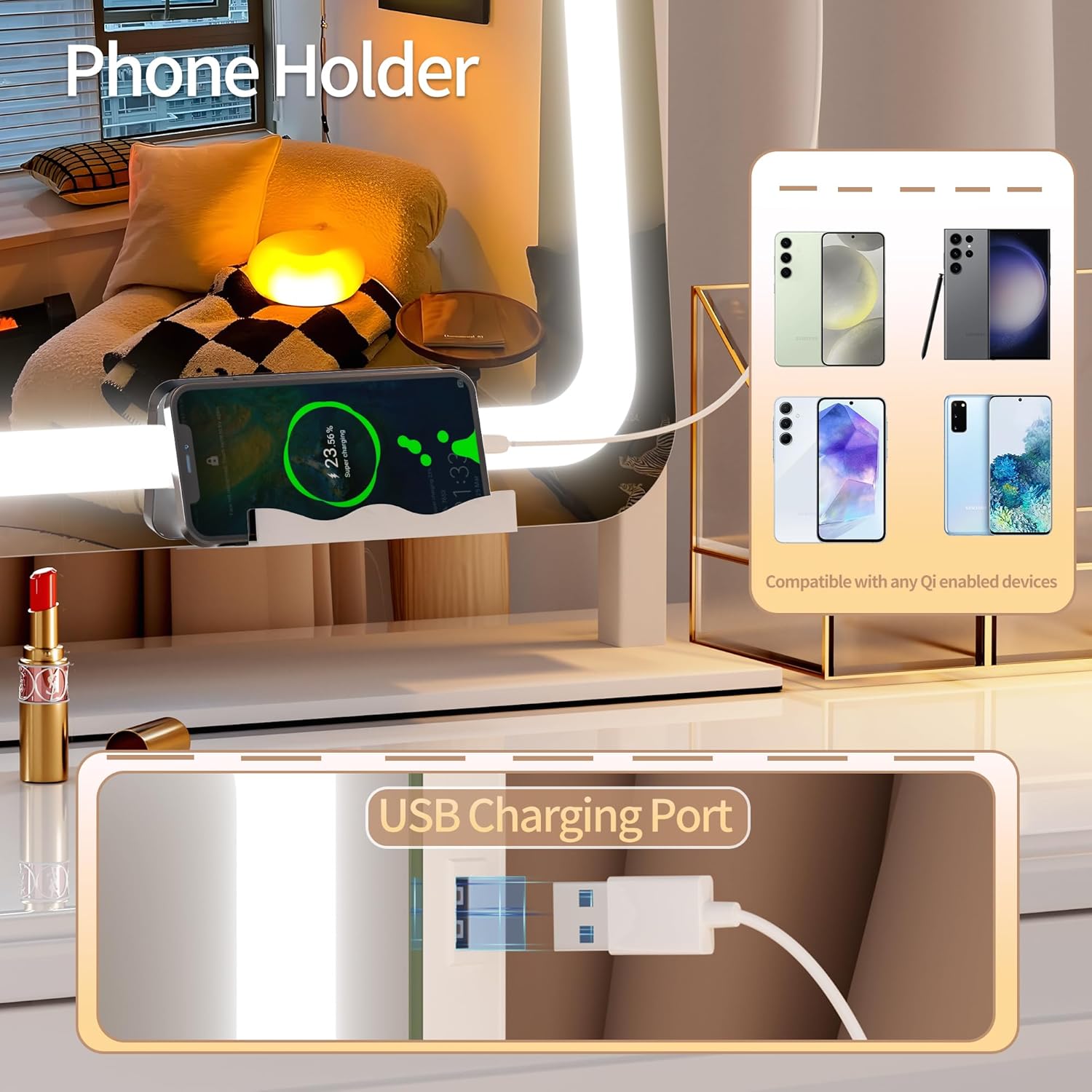 Hasipu Vanity Mirror with Lights, 35.4" x 23.6" LED Makeup Mirror, Light up Mirror with 10X Magnification and Phone Holder, USB Charging Port, Smart Touch 3 Colors Dimmable (White)