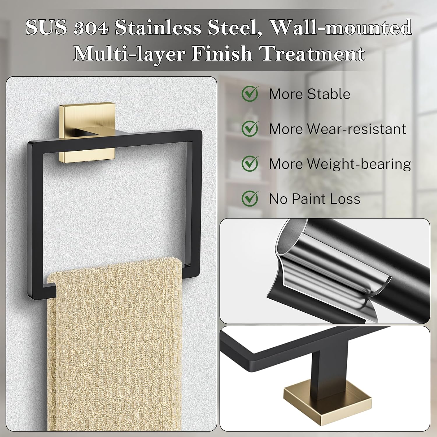 Black and Gold Towel Ring Square Hand Towel Holder Towel Hanger Bathroom Hardware Accessories Stainless Steel Wall-Mounted Towel Rack