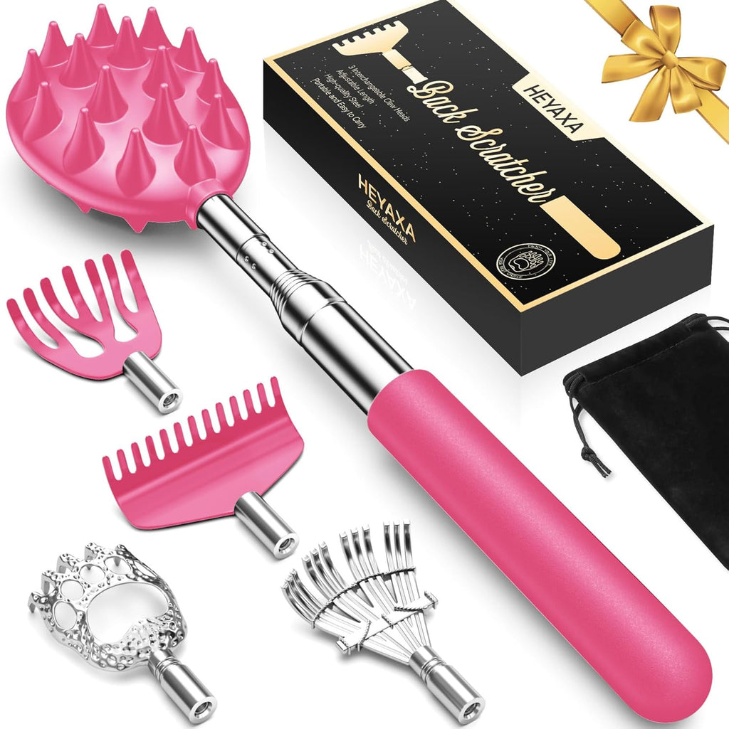Upgraded Reinforced Telescoping Back Scratcher with 5 Detachable Heads, Larger Scratching Tips, Stocking Stuffer & White Elephant Gifts for for Men Women Adults