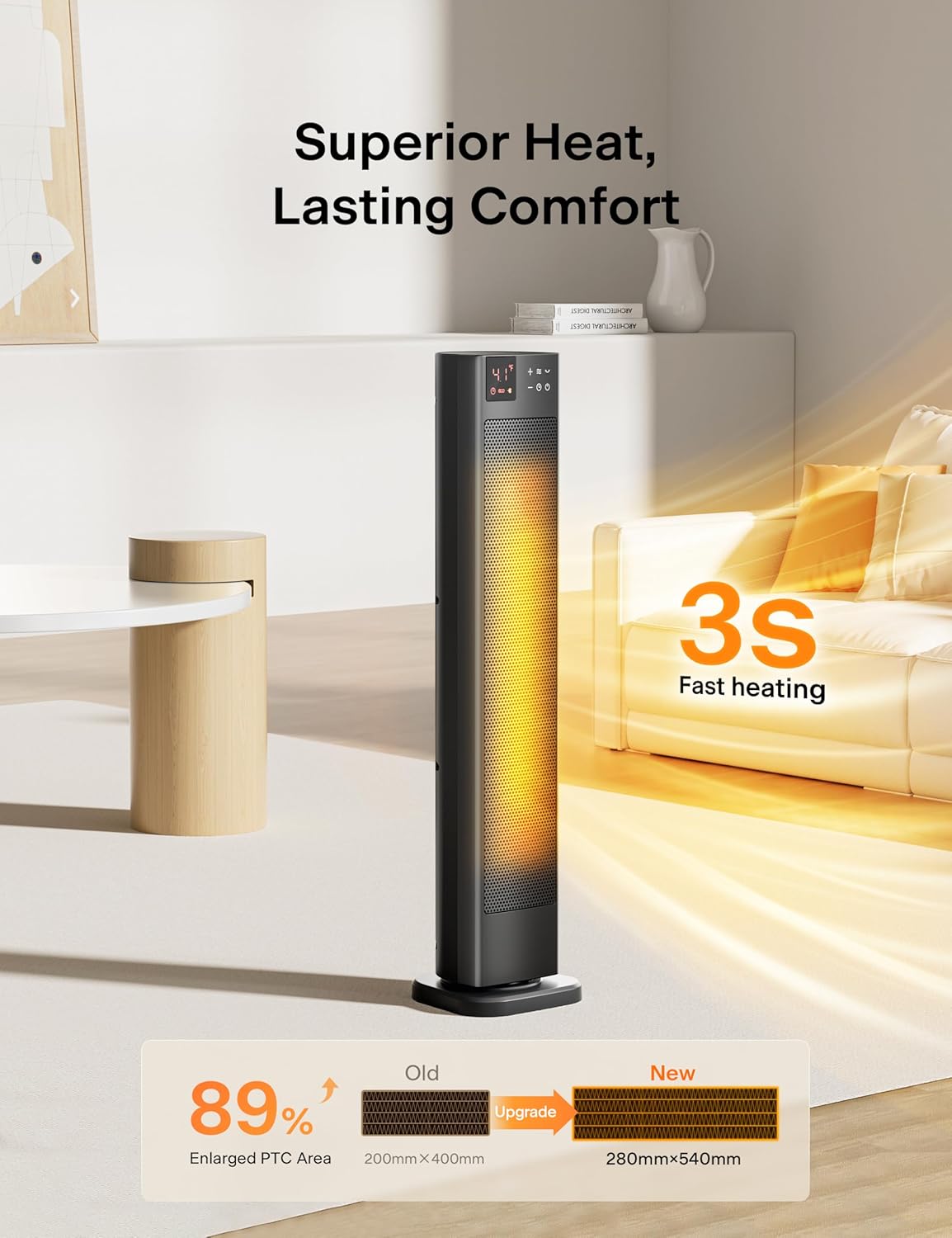 PELONIS 30” Ceramic Tower Space Heater with Adjustable Thermostat for Large Room, 75° Oscillation, Remote Control & 12H Timer, Tip-Over Switch & Overheating Protection, 1500W, PHF15RSAPH30, Black