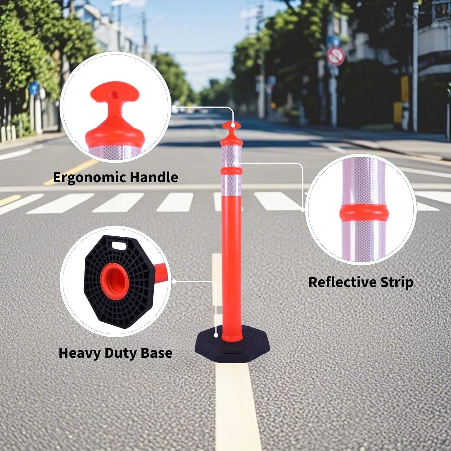 Reflective Rubber Base Traffic Delineator Post - Heavy-Duty Safety Bollards for Parking Lot Markers, Road Construction, Driveway Warning - with Reflective Strips (3 Pack - 45 Inch)