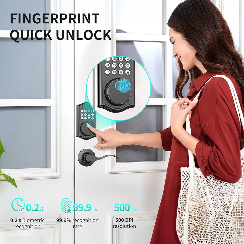 Keyless Entry Door Lock Deadbolt with Handle Set,Fingerprint Smart Locks for Front Door,Backlit Digital Keypad Deadbolt with 2 Keys - Auto Locking - Easy Installation-Left/Right Doors (Matte Black)