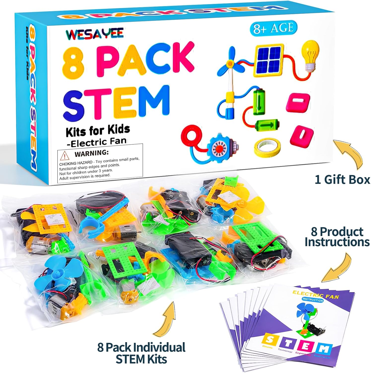 Bulk STEM Kits - 8 Set Electrical Fans, Girls Boys Crafts Science Kits for Kids Age 8-12, STEM Toys for Boys 8-10 8 10 12 13 Classroom, Engineering Activities Experiments Projects Circuit