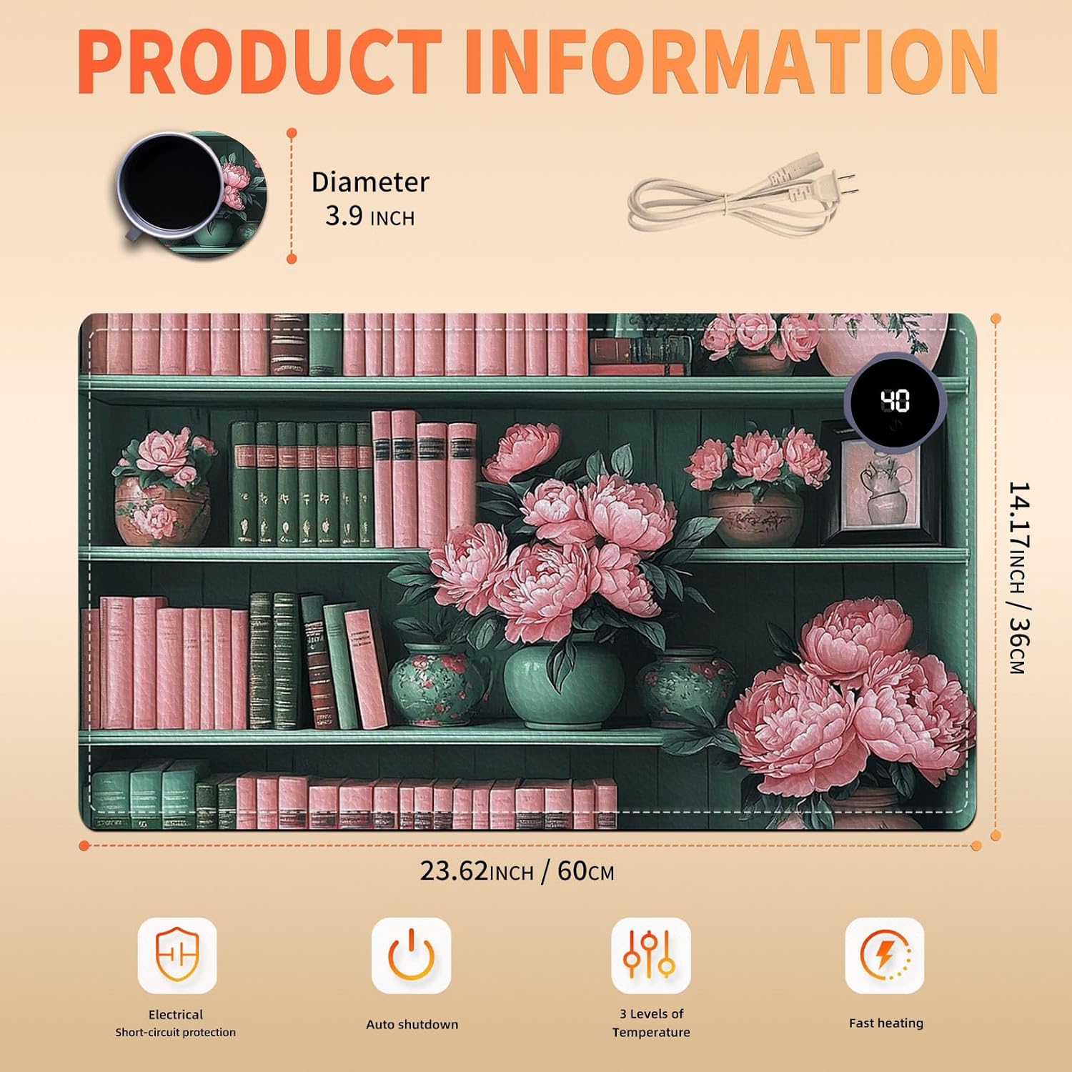 Heated Mouse Pad 23.6 x 14 in 3-Temp Fast Heating Desk Mat with Auto Timer Warmer for Hands Wrist Pain Relief Waterproof Keyboard Mat for Office, Gaming, Home, Vintage Floral Bookshelf
