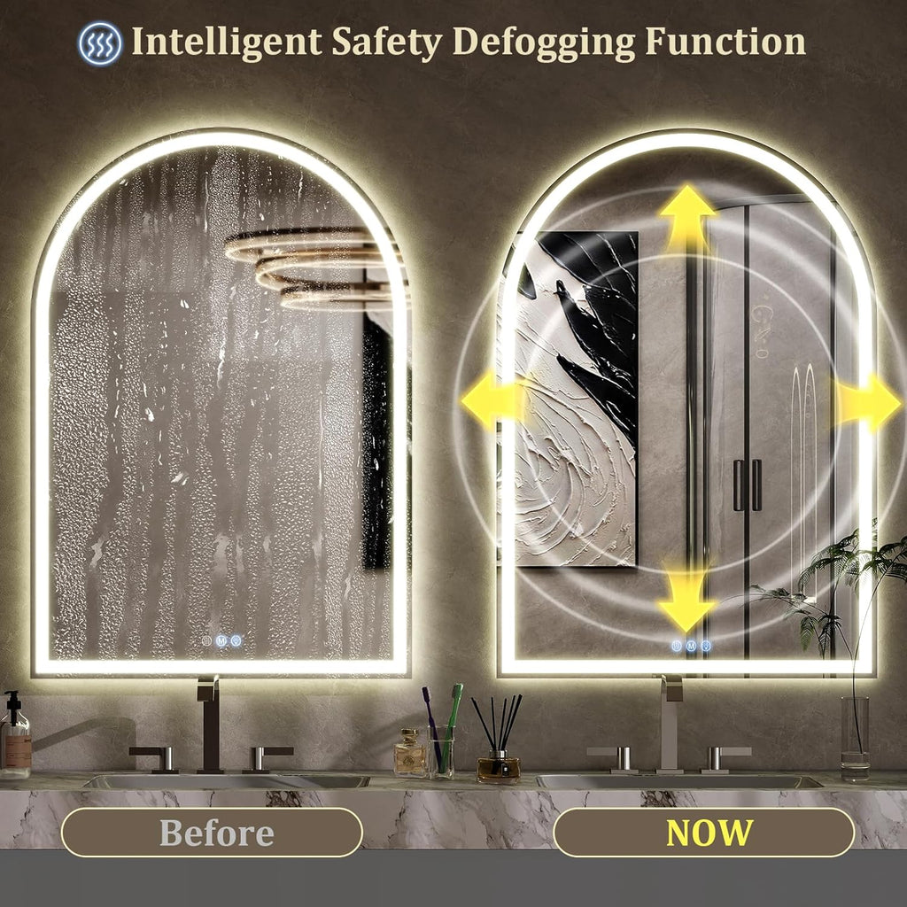 BEAUTYPEAK 34x30 LED Arch Bathroom Mirror with Lights, Anti-Fog, Dimmable, Backlit + Front Lit, Lighted Bathroom Vanity Mirror for Wall, 3 Colors, Memory Function, Tempered Glass, Shatter-Proof