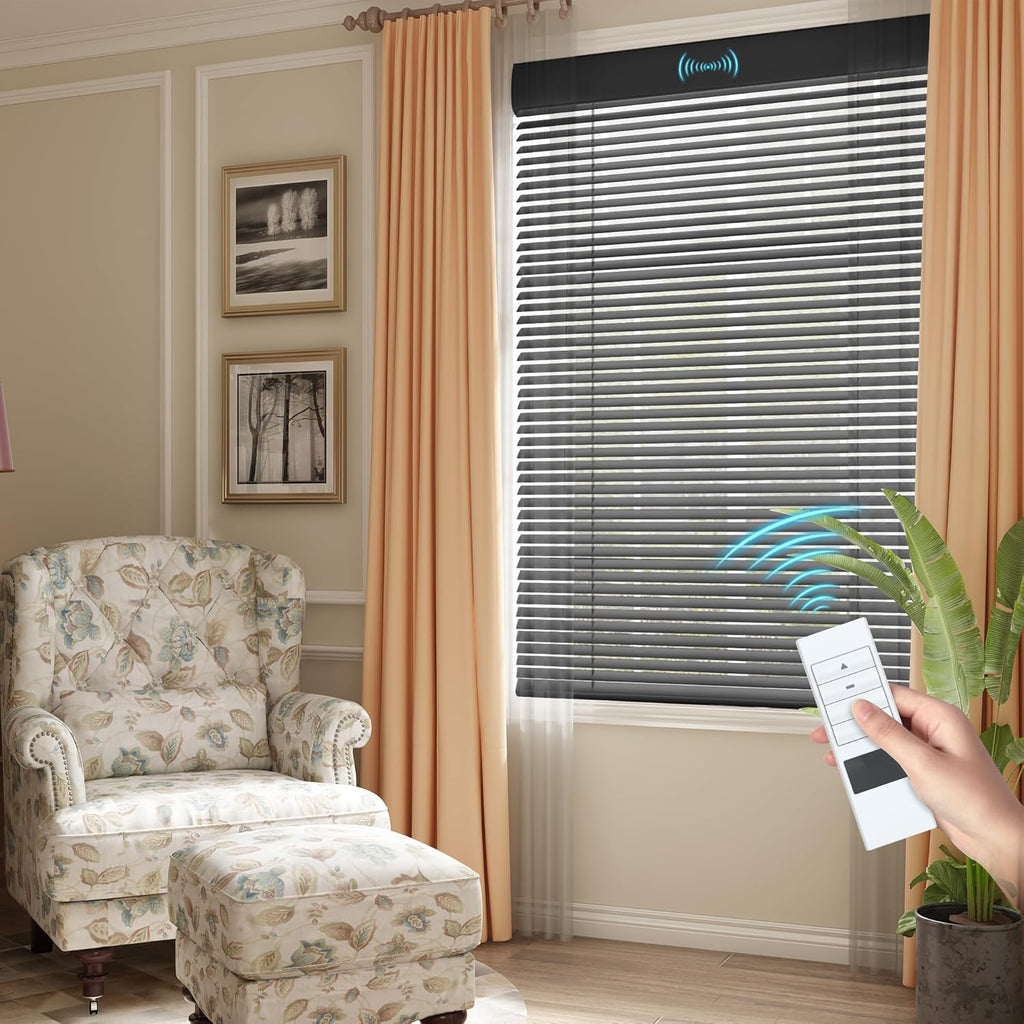 Motorized Cordless Aluminum Blinds with Remote, Automatic Room Darkening Horizontal Blinds for Indoor Windows, Light Adjustment Waterproof Blinds, Customized for Home Office, Black