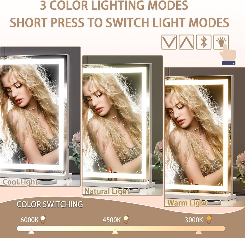 Hasipu Vanity Mirror with Lights and Bluetooth Speaker, 37" x 25.6" LED Makeup Mirror, Lighted Makeup Mirror with Dimmable 3 Modes, Touch Screen Control Vanity Mirror Square White