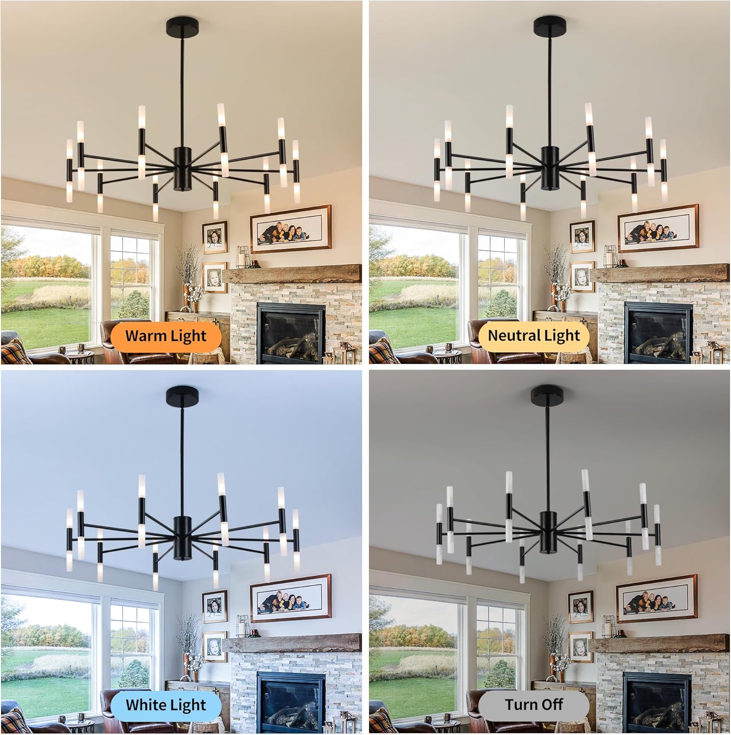 Modern Sputnik Chandelier Mid Century Black Chandeliers for Dining Room Living Room Kitchen Bedroom Support APP Voice Control Dimmable Smart LED Light Fixture(GB1337YY20-BK)