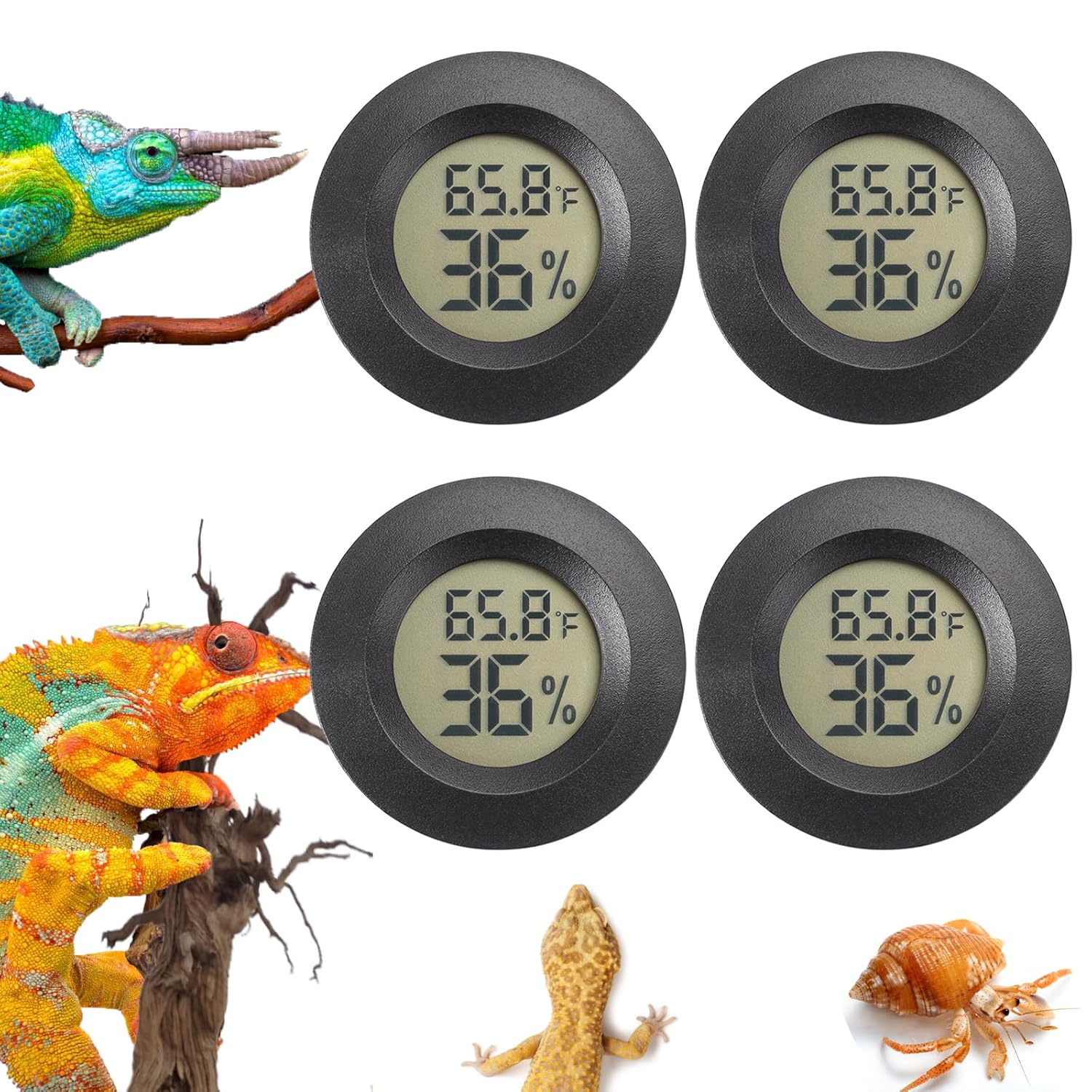 Reptile Thermometer and Humidity Gauge Digtal Terrarium Thermometer Circular Bearded Dragon Cage Accessories Reptile Temp and Humidity Gauge for Leopard Gecko Hermit Crab Gecko Lizard Etc 4pc