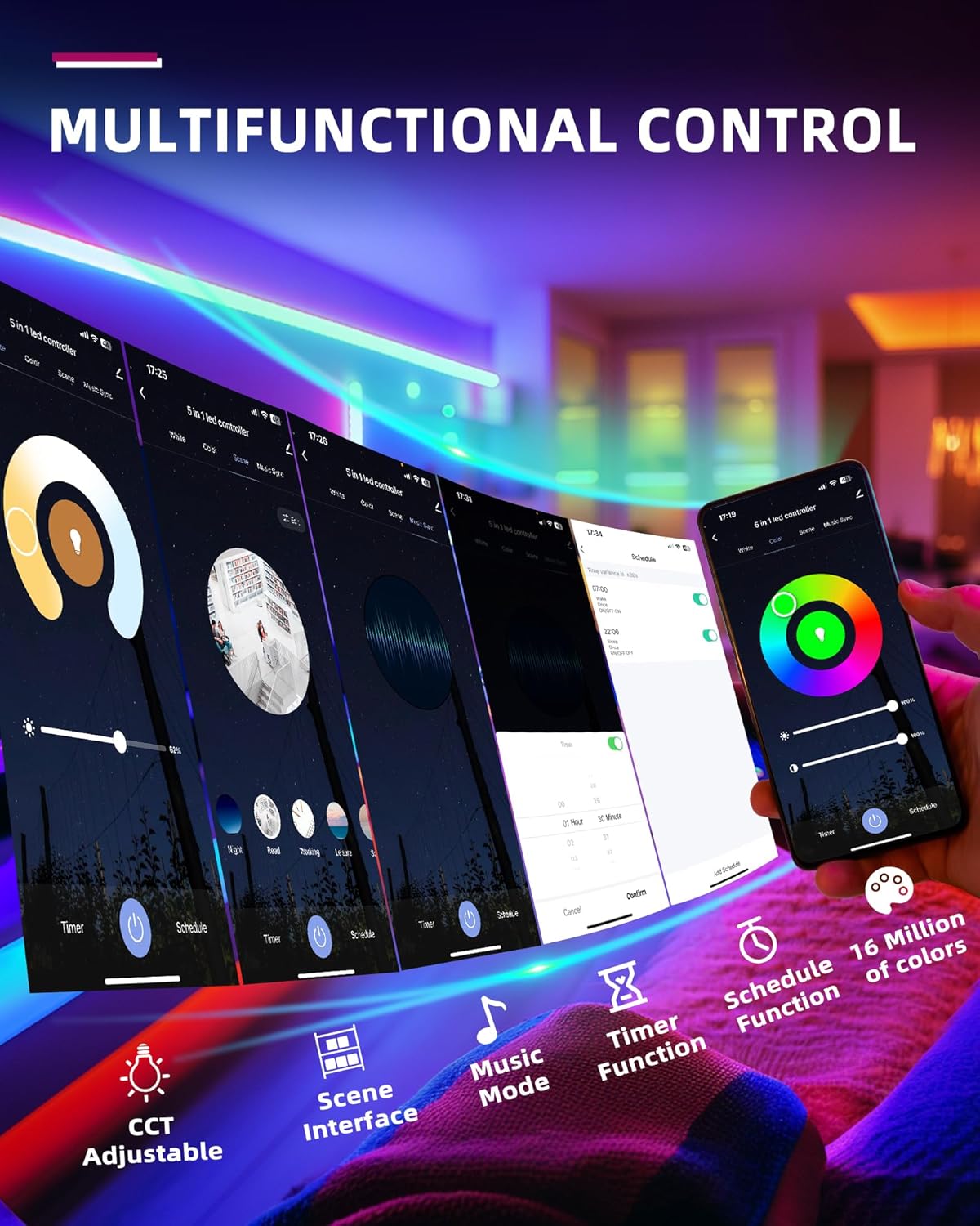 EMITEVER WiFi&Bluetooth 5-in-1 LED Controller WT5 Dimmable for DC12-24V PWM Single Color/CCT/RGB/RGBW/RGBCCT LED Strip Lights, Compatible with Tuya APP/Smart Life/Alexa/Google Home