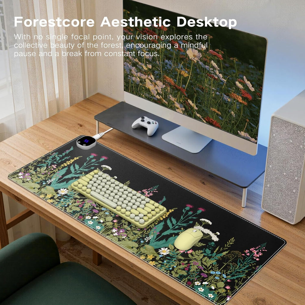 iCasso Heated Desk Pad,Heated Mouse Pad Hand Warmer, XXL Mousepad, Desk Protector Mat with 4 Heating Levels for Computer Keyboard, 35.4" x 15.7" Large Mousepad for Home Office Work (Weeds)