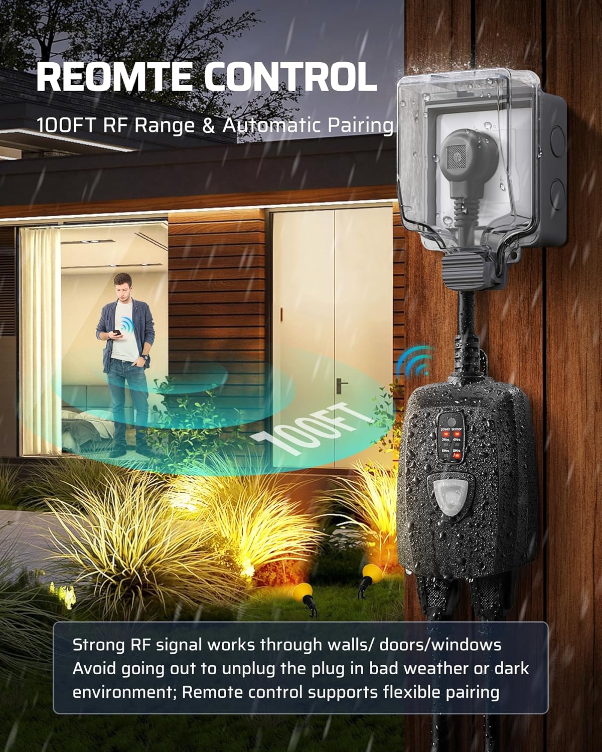 DEWENWILS Outdoor Timer Outlet Waterproof with 11 Modes, Outdoor Light Timer, 100FT Remote Control, for Christmas Outdoor Lights, Pump, Sprinkler, Fountain
