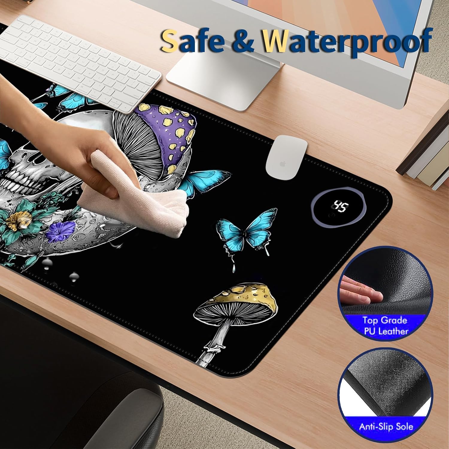 Heated Mouse Pad with 3 Temperature Settings(104°F–122°F),Large 31.5x13 Inch PU Leather Heated Desk Mat,Waterproof Warming Pad for Office,Gaming & Cold Hands Relief,Skeleton Moon Mushroom