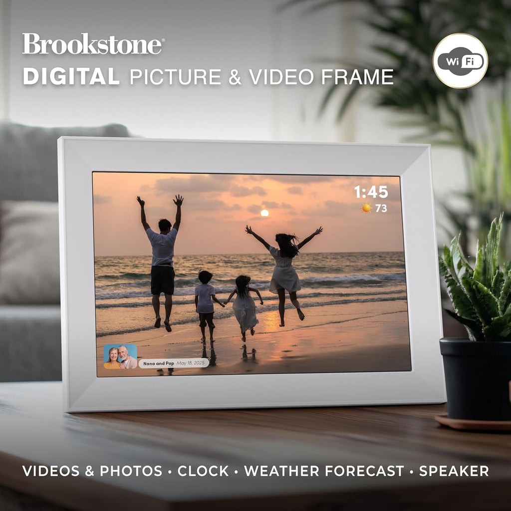 Brookstone 10" Digital Picture Frame with Video Playback, Weather Forecast, Wi-Fi, Clock, Speaker, 32GB Built-in Storage to Store Thousands of Images and Videos
