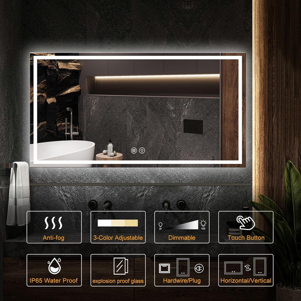 LED Smart Mirror with Lights, 48"x32" Lighted Bathroom Mirrors Wall Mounted, Anti-Fog Lighted Vanity Mirror, Stepless Dimmable, 3 Colors, Memory Function, Horizontal/Vertical LED Mirror.