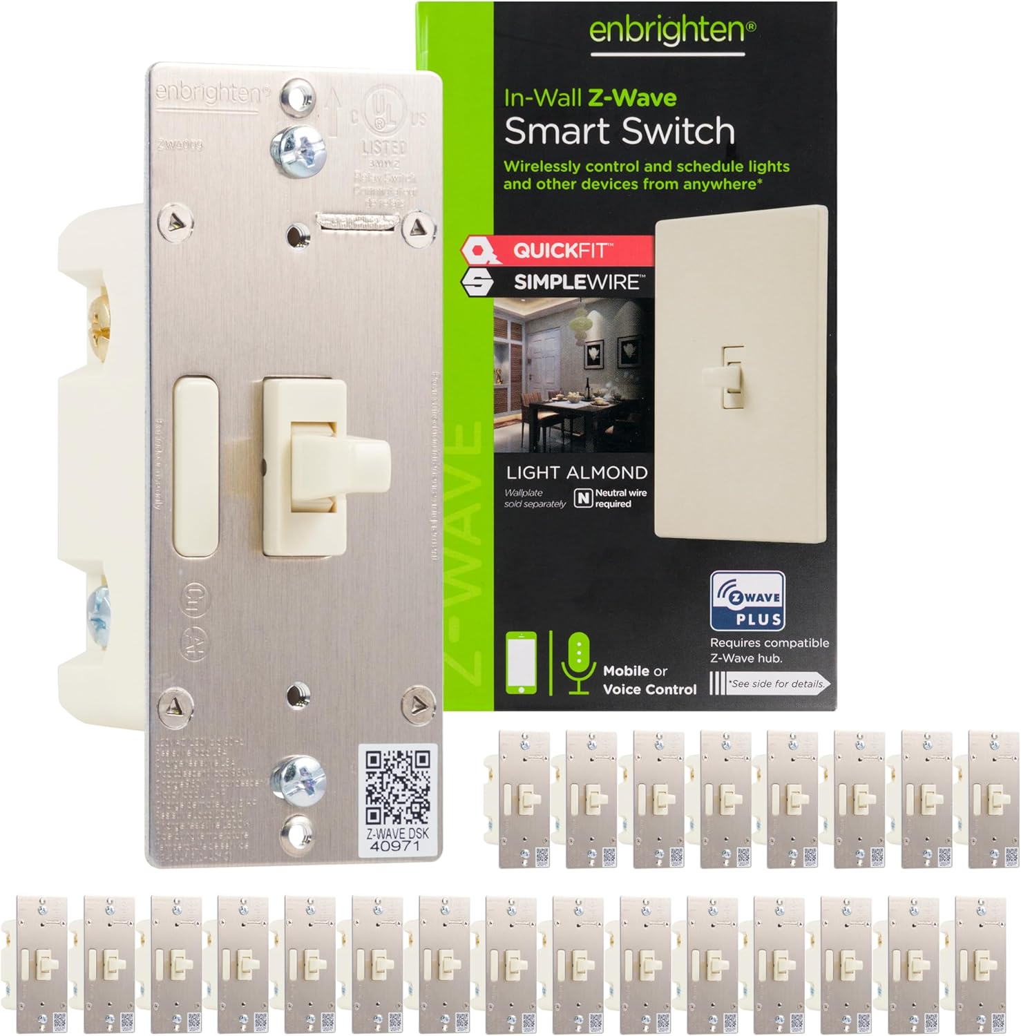 Enbrighten Almond Z-Wave Plus Smart Light Switch with QuickFit and SimpleWire, 3-Way Ready, Compatible with Alexa, Google Assistant, ZWave Hub Required, Repeater/Range Extender, Toggle, 24 Pack, 82686
