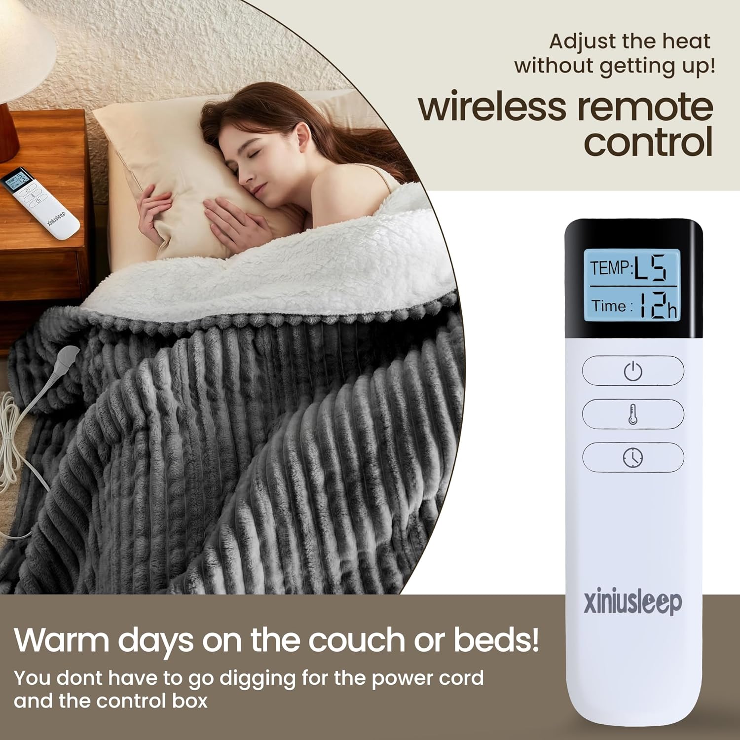 Heated Blanket Electric Blanket 90"x90", Soft Flannel Sherpa Electric Throw with 5 Heating Level & 12 Times Setting, Heated Throw with Overheating Protection, Machine Washable (Grey)