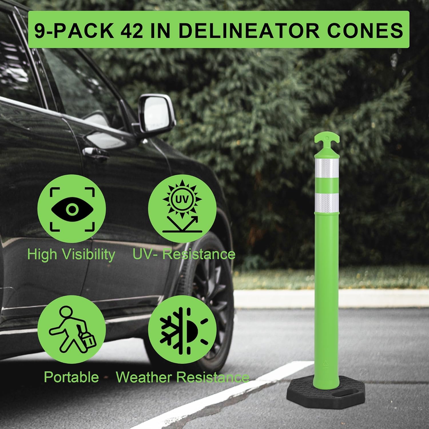 OrangeStar 9-Pack 42" Traffic Delineator Post Cones with Heavy Duty Rubber Base, Green Safety Cones for Road, Parking Lot, Warehouse, Construction Zone Safety