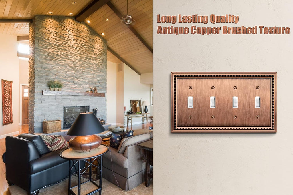 Henne Bery Sunken Pearls Heavy Duty Decorative Wall Plate Switch Plate Outlet Cover (Quad Toggle, Antique Copper)