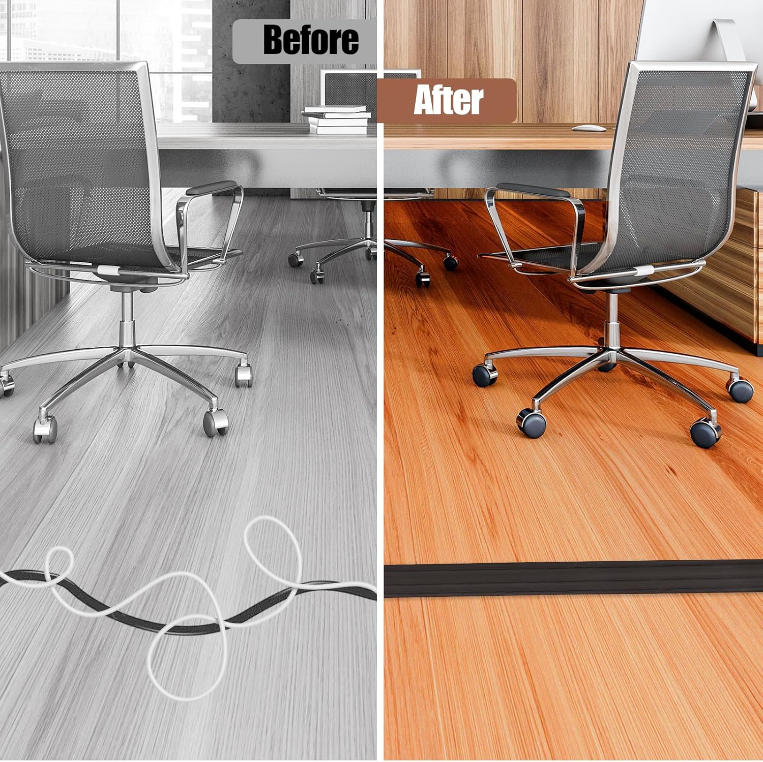 Floor Cord Cover Self Adhesive Cord Hider,20FT Cable Management, Extension Strip Protector for Wires, Prevent Cable Trips for Offices, Gyms, Exhibitions Cavity:0.39"(W) x 0.27"(H) Black Wood