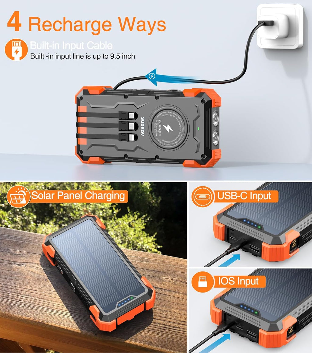 Solar Charger Power Bank, 42800mAh Wireless Portable Charger with USB-C in/Output, QC3.0 Fast Charging 15W 4 Ports Outdoor Battery Pack Built-in LED Flashlight, for iPhone, Galaxy, iPad etc