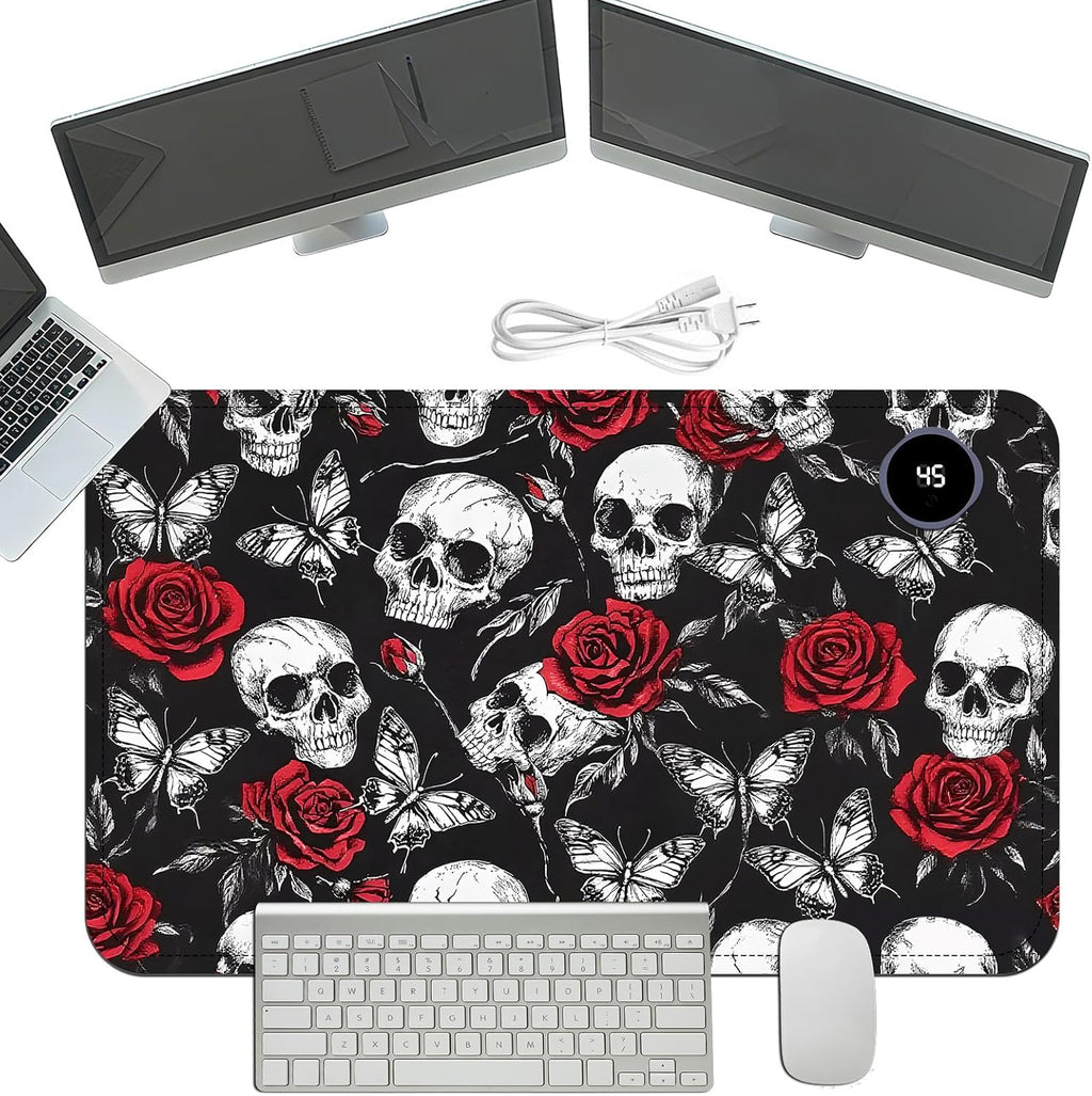 Heated Mouse Pad with 3 Temperature Settings(104°F–122°F),Large 24x14.2 Inch PU Leather Heated Desk Mat,Waterproof Warming Pad for Office,Gaming & Cold Hands Relief,Skeleton Skull Rose