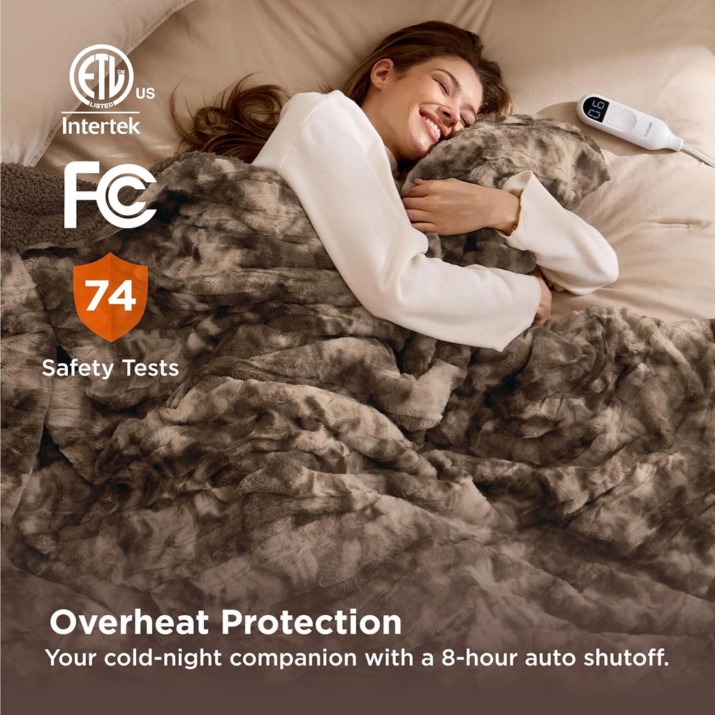 Bedsure Faux Fur Heated Blanket Twin Size, Fast Heating Electric Blanket Twin Size with 6 Heating Levels & 10 Time Settings, Cozy Gifts for Women Men (62x84 inches, Dark Chocolate)