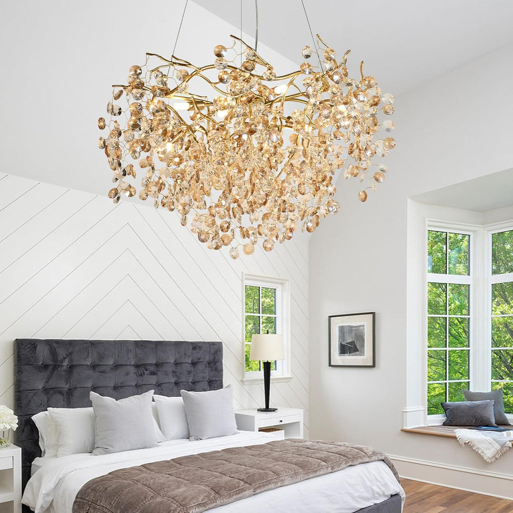 Crystal Gold Chandelier Modern Round Ceiling Pendant Light Fixture Tree Branch Chandeliers for Living Room Dining Room Kitchen Bedroom Hotel
