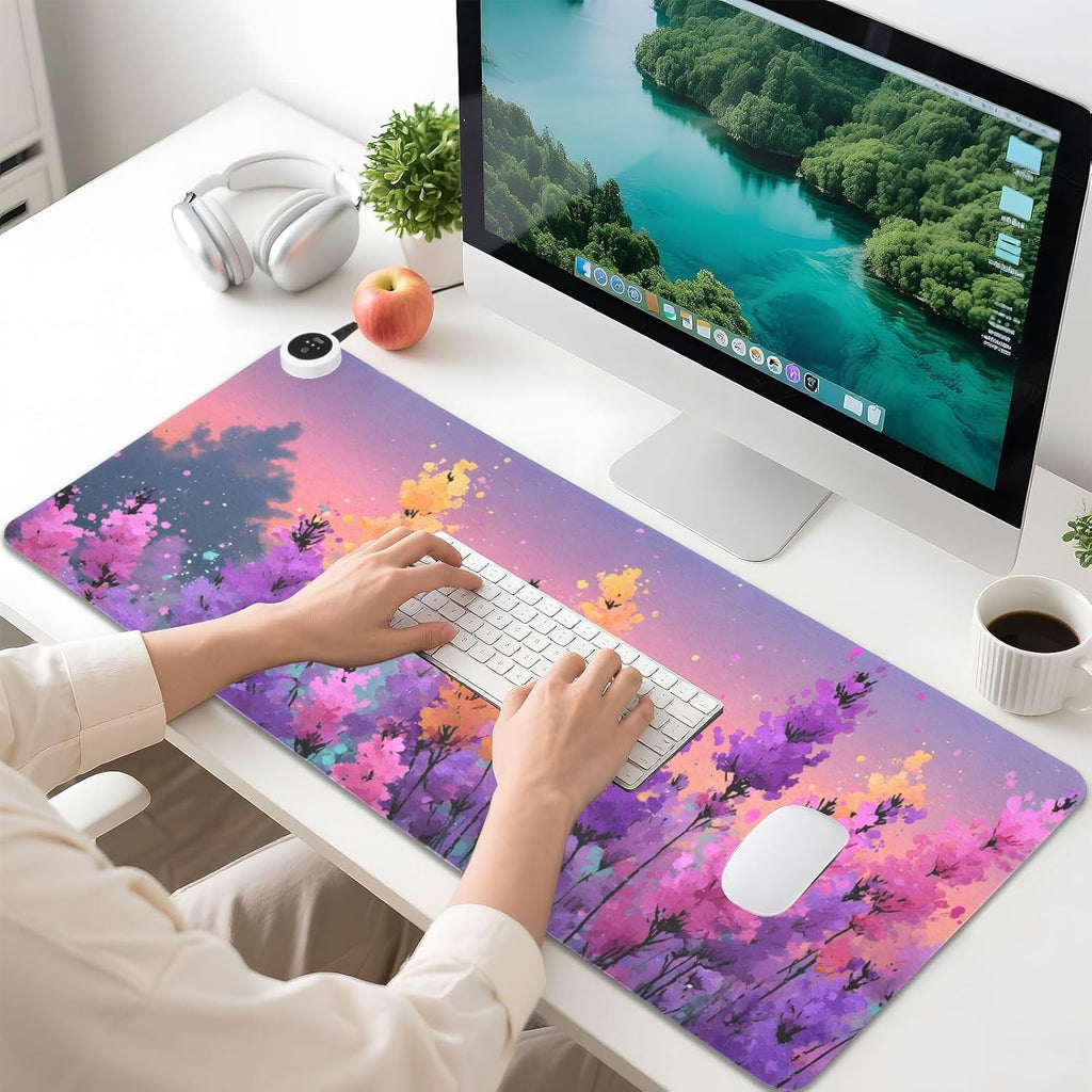 Large Heated Mouse Pad,Leather Desk Mat,31.5"x13",Hand Warmer Pads for Desk,Lavender(Watercolor)
