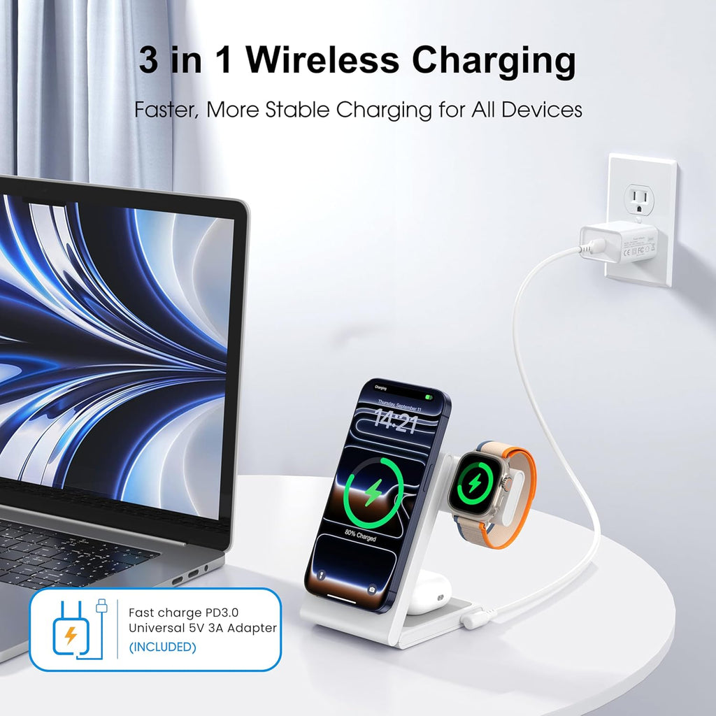 Wireless Charging Station with 20W USB C Adapter, 3 in 1 Magnetic Foldable Travel Charger Stand for iPhone 17 16 15 14 13 Series, Compatible with Apple Watch 11/10/9/8/7/6/5/4/3/2/SE/Ultra 2/Airpods 4