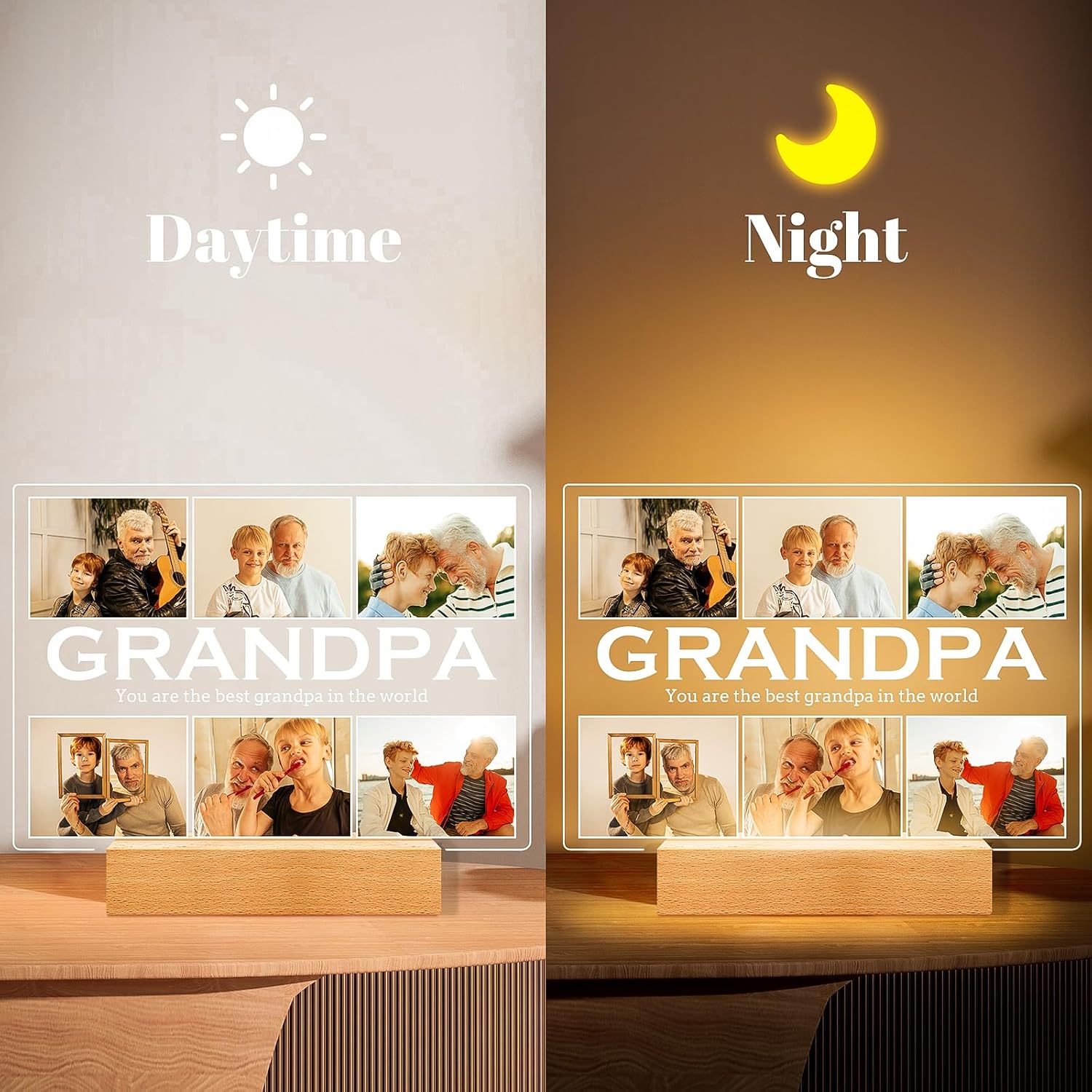 Personalized Gifts for Grandpa from Daughter Son, Custom Picture Frames with Photos, Customized Photo Frame with Night Light, Personalized Birthday Gifts for Grandpa Baby Kids Family