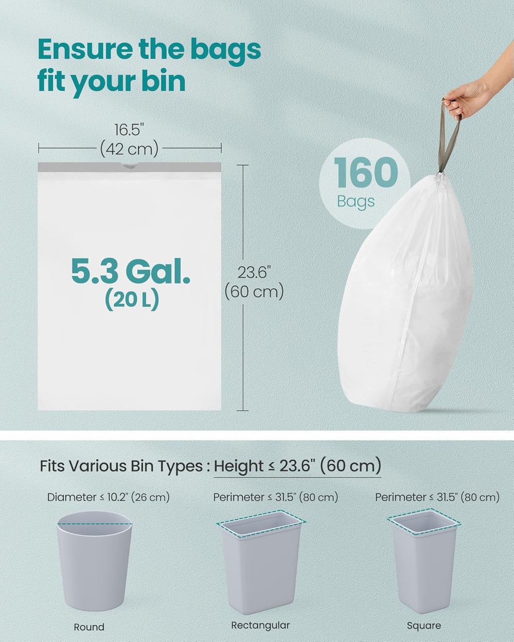 SONGMICS Trash Bags for 5.3 Gallon (20 L) Trash Cans, Drawstring Kitchen Garbage Bags, Pre-Separated, Quick-Dispense Box, Liner Code L, 4 Rolls, 160 Count, White UKRB021A04