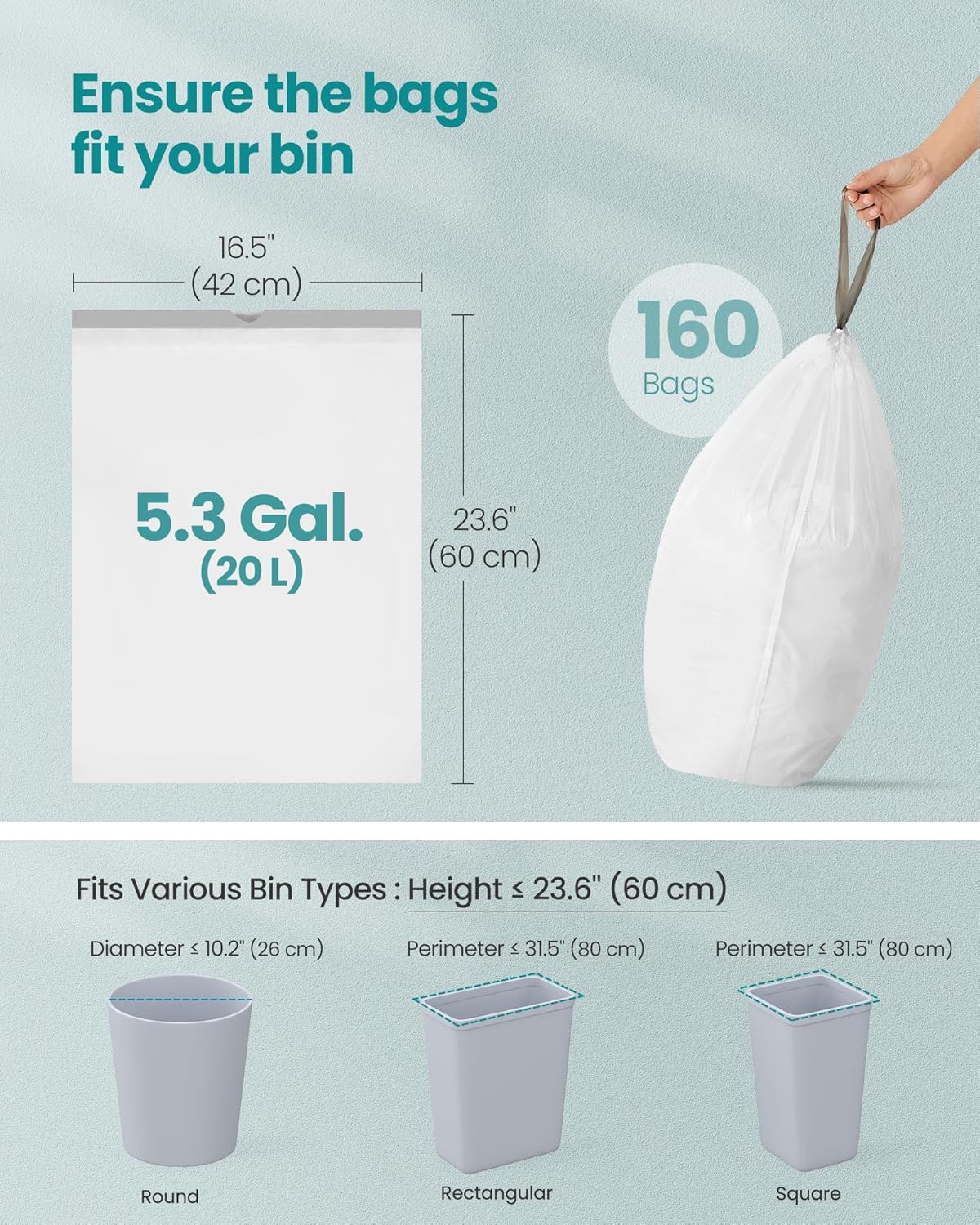 SONGMICS Trash Bags for 5.3 Gallon (20 L) Trash Cans, Drawstring Kitchen Garbage Bags, Pre-Separated, Quick-Dispense Box, Liner Code L, 4 Rolls, 160 Count, White UKRB021A04