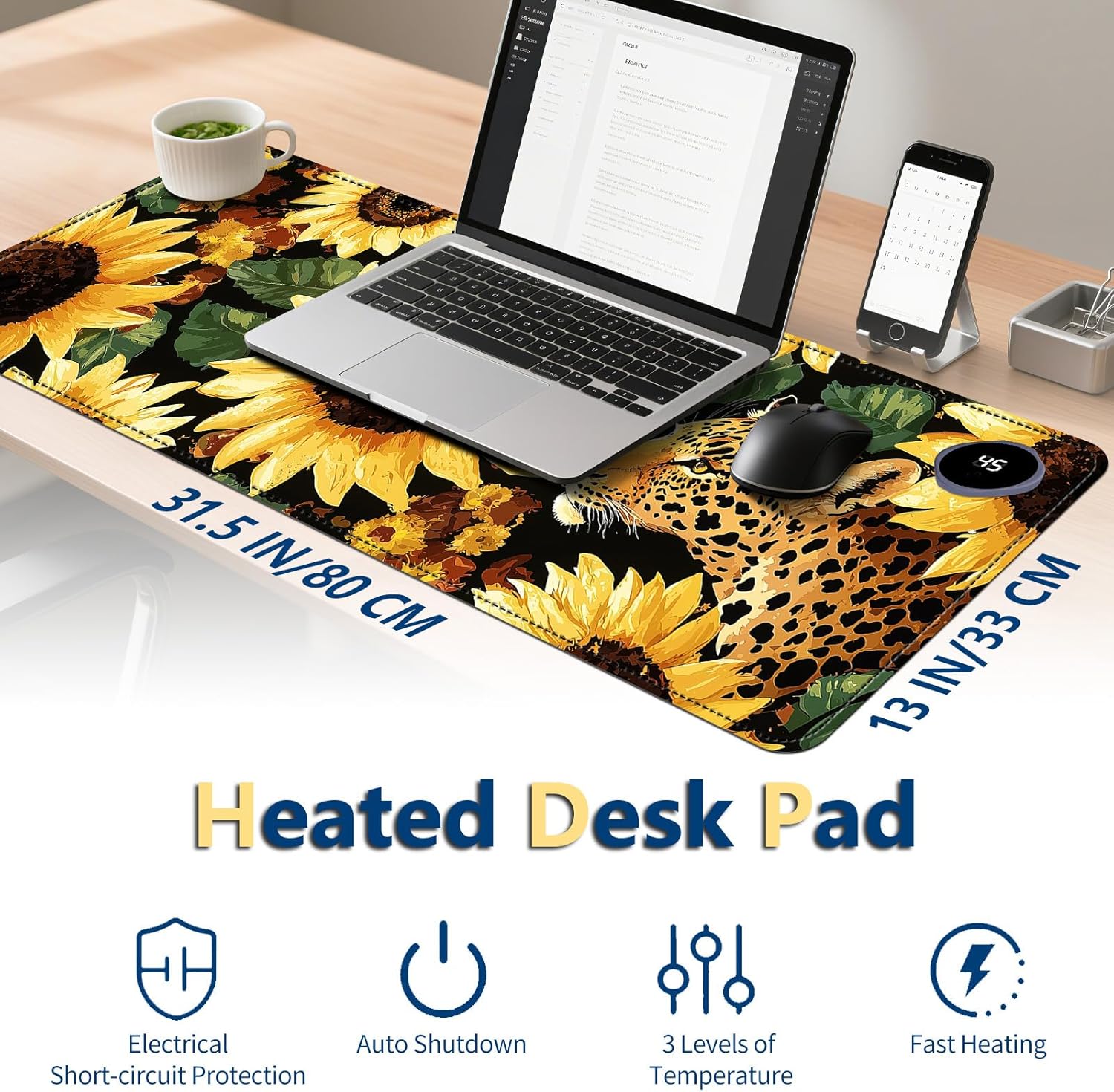 Heated Mouse Pad with 3 Temperature Settings(104°F–122°F),Large 31.5x13 Inch PU Leather Heated Desk Mat,Waterproof Warming Pad for Office,Gaming & Cold Hands Relief,Sunflowers Leopard Print