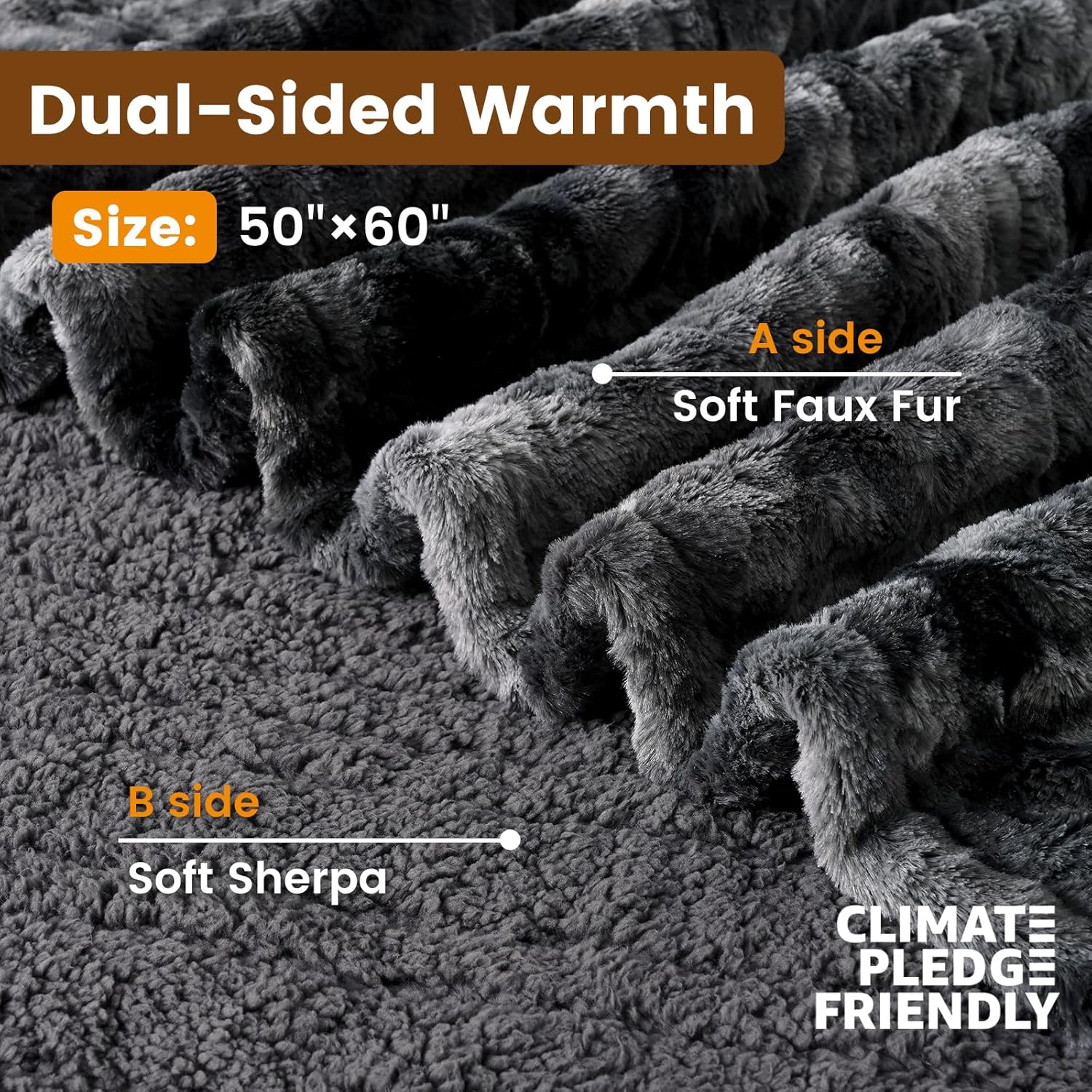 Bearhug Heated Throw Blanket 50" x 60" Electric Throw Warming Blanket Reversible Faux Fur & Sherpa, 6 Heating Levels & 4H Auto Off, Over-Heat Protect, ETL, Washable Heated Blanket Marble Black