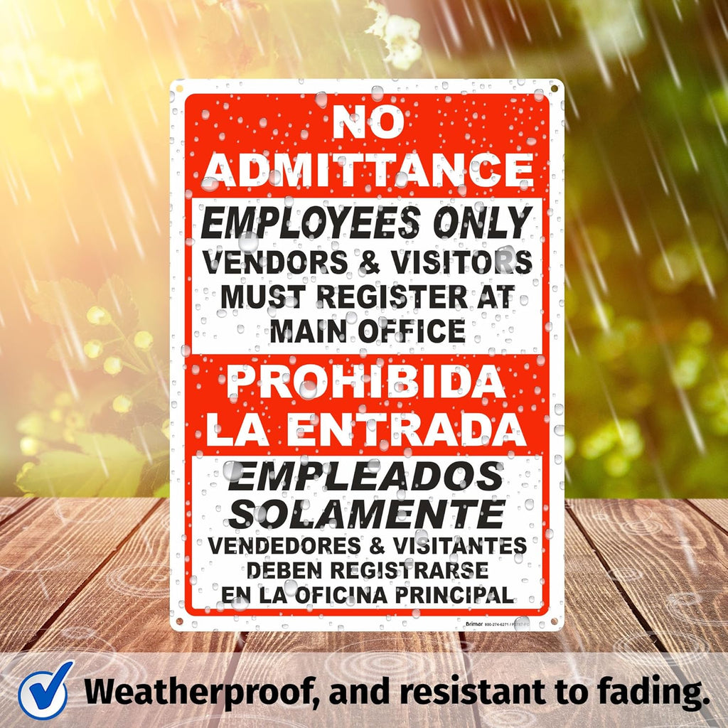 Brimar - 10" x 14" - Bilingual Vendors & Visitors Must Register Sign - .040″ Rust-Free Aluminum - High Visibility - Easy Installation