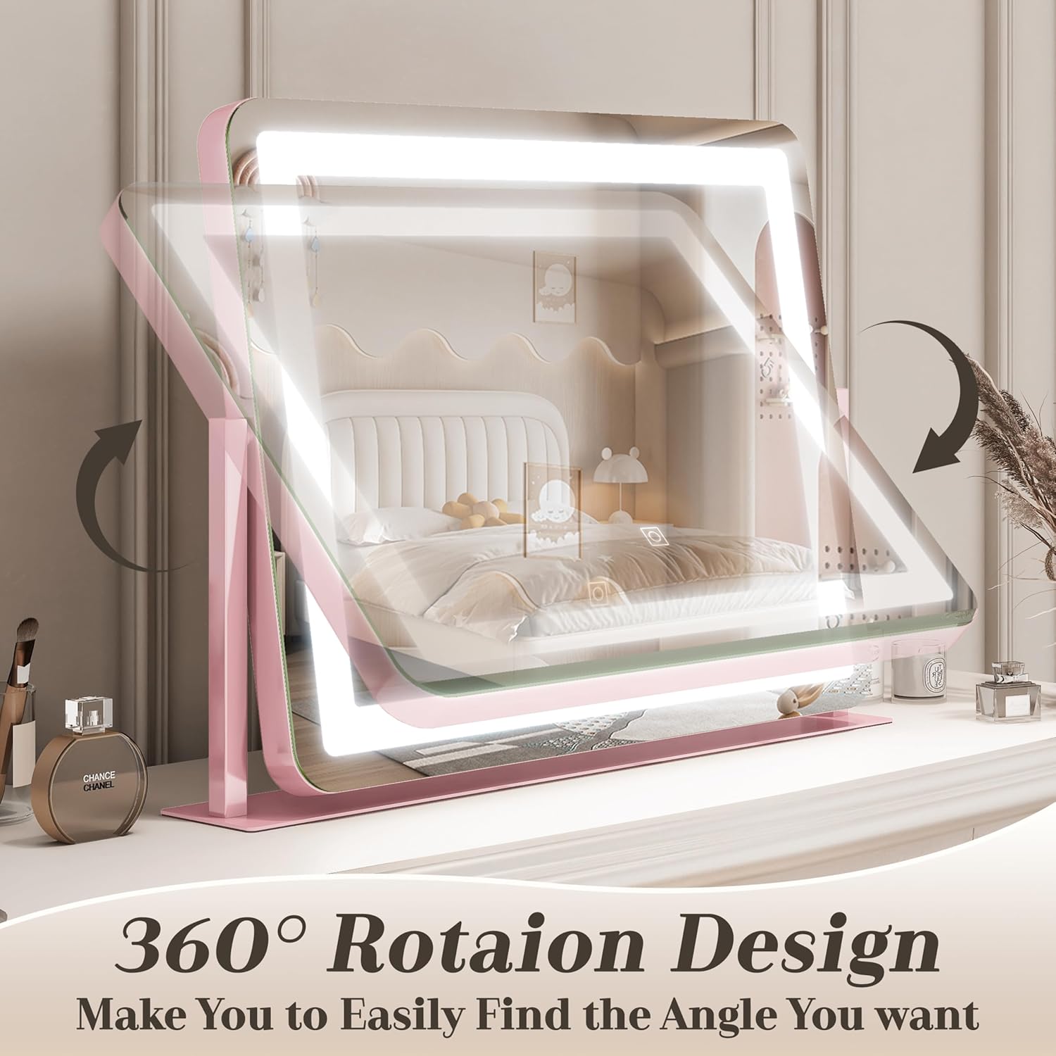 ROLOVE 22x17 Inch Pink Vanity Mirror with Lights，Dimmable LED Lights，3 Color Modes, Smart Touch Control，10X Magnification，Light up Makeup Mirror for Desk, Gift for Teen Girls