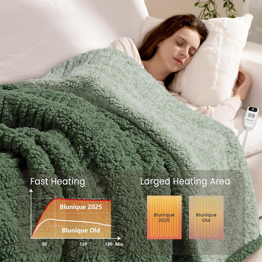 Heated Blanket Electric Blanket Throw - Fast Heating Blanket Throw Double Sided Sherpa Ultra Soft Cozy with 10 Heating Levels & 2-10 Hours Auto Off, Mashine Washable, 50 x 60 Inches, Sage