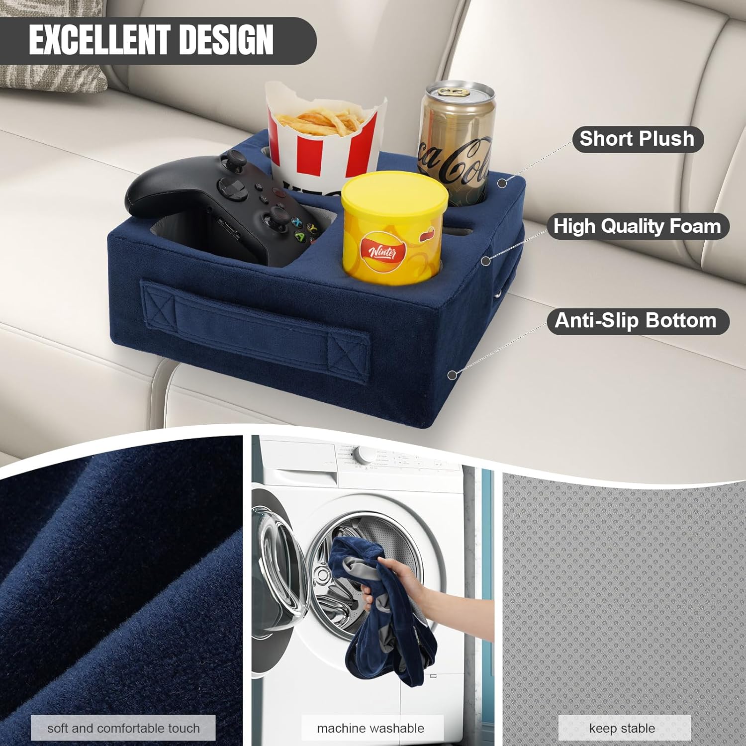 STBoo Couch Cup Holder Pillow - Sofa Drink Cup Holder Cozy Buddy | Bed Caddy Organizer Holds Remote, Snacks, Phones | Waterproof Anti-Spill Sofa Beverage Tray for Car, Pack, Beach, RV, Boat (Navy)