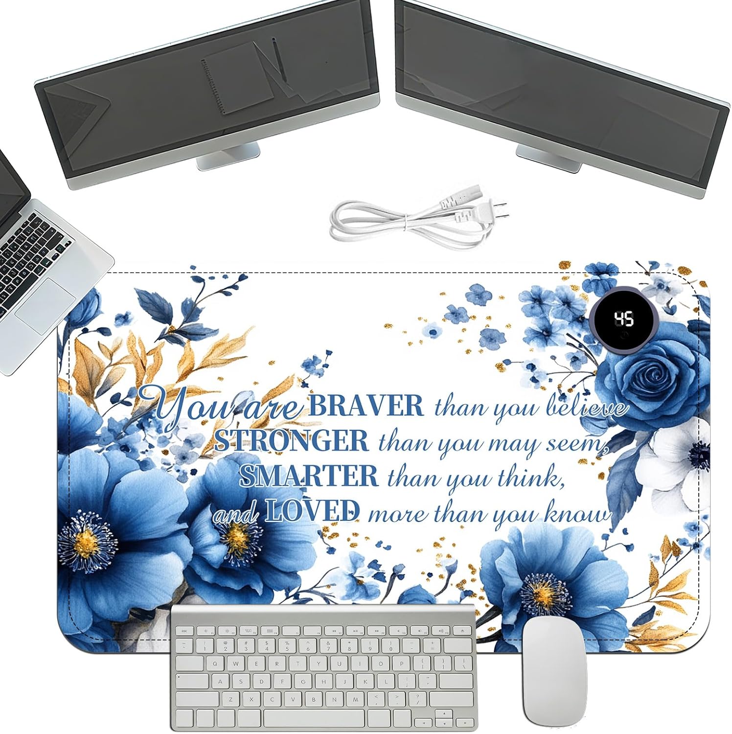 Heated Mouse Pad with 3 Temperature Settings(104°F–122°F),Large 24x14.2 Inch PU Leather Heated Desk Mat,Waterproof Warming Pad for Office,Gaming & Cold Hands Relief,Bule Flower Quotes