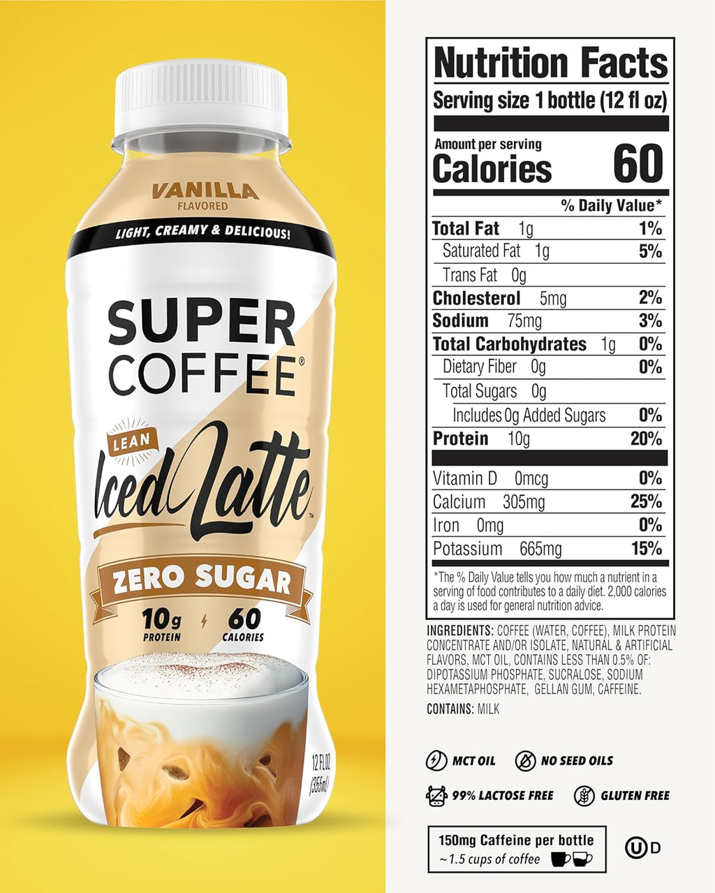 Super Coffee, Ready To Drink Iced Coffee, Vanilla Latte (12 Ounce Bottles, Pack of 12) - Low Net Carbs, No Added Sugar, Keto Friendly, 10g of Protein, Low Calorie, Protein Coffee