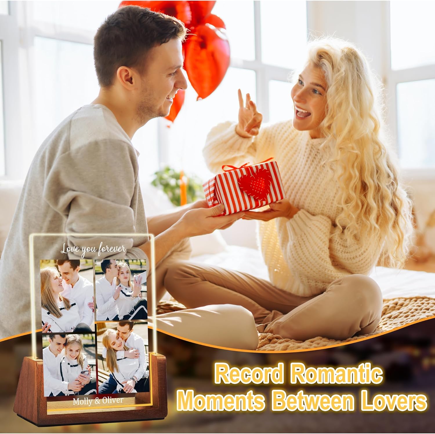 Customized Couple Christmas Gifts For Boyfriend Girlfriend Him Her, Custom Light Up Picture Frame Acrylic Plaque With Photo Name, Personalized Anniversary Birthday Gifts For Husband Wife